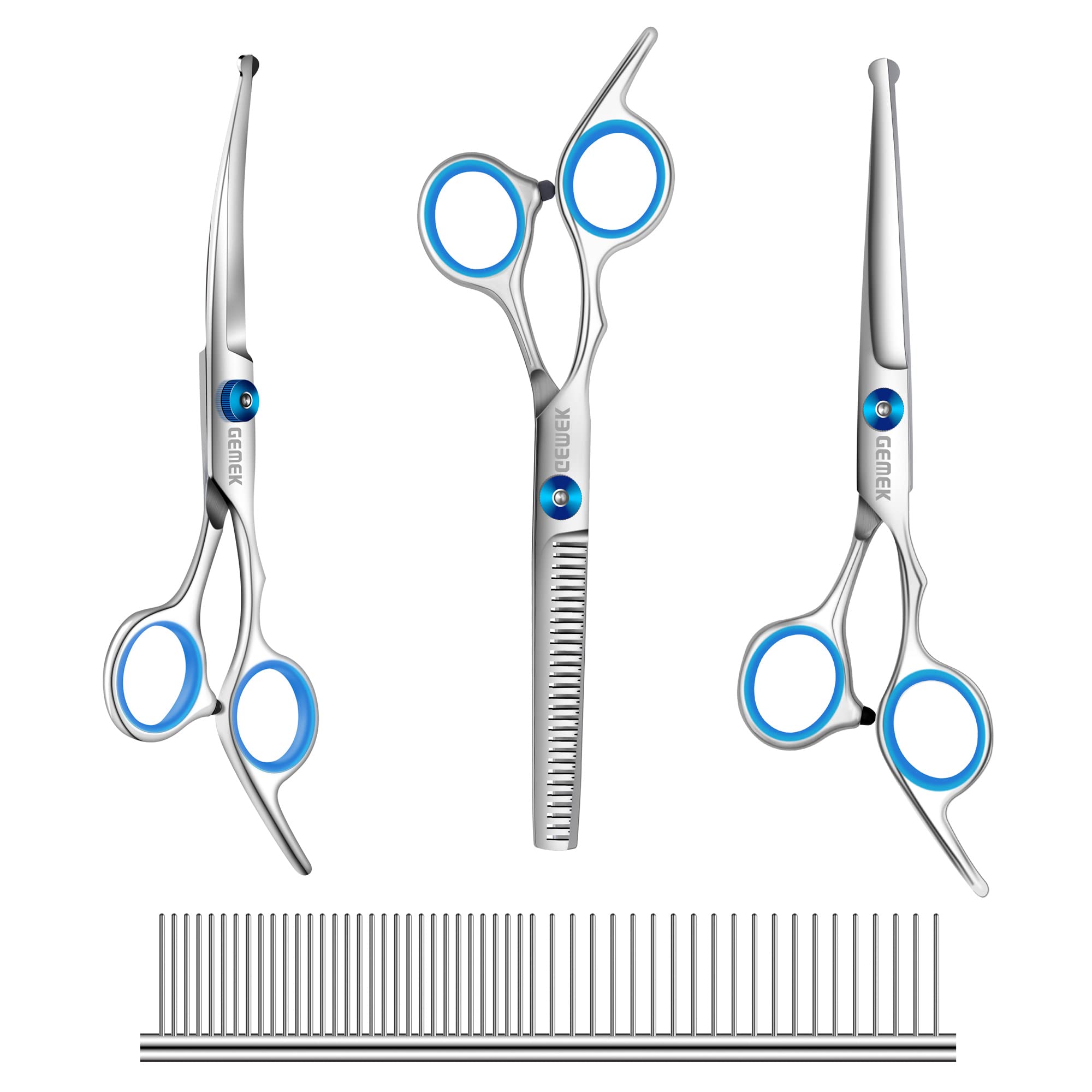 GEMEK Professional Grooming Scissors for Dogs with Safety Round Tips, Dog Grooming Scissors Set - Thinning, Straight, Curved She