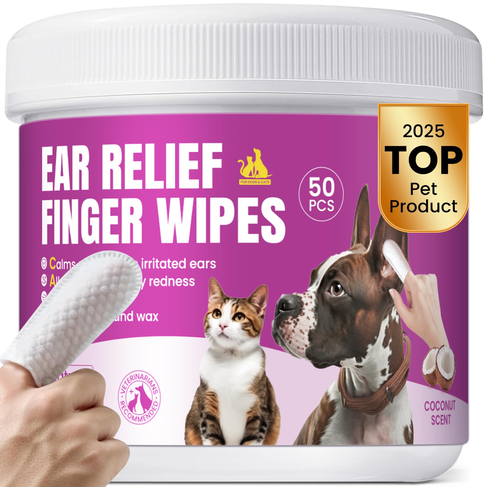 Pet Ear Cleaning Finger Wipes for Dogs & Cats - Dog Ear Cleaner with Aloe, Coconut Oil & Ginseng - Finger Dog Ear Wipes to Relie