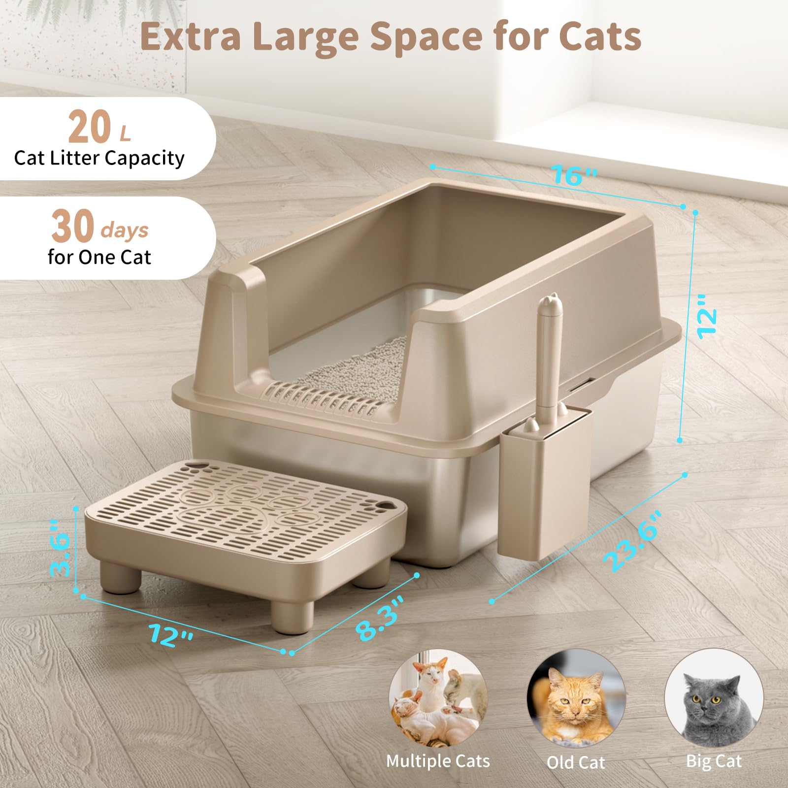 Enclosed Stainless Steel Cat Litter Box, Extra Xl Large With Lid, Metal Litter Box With High Sided, Easy Clean, Odorless, Anti-U