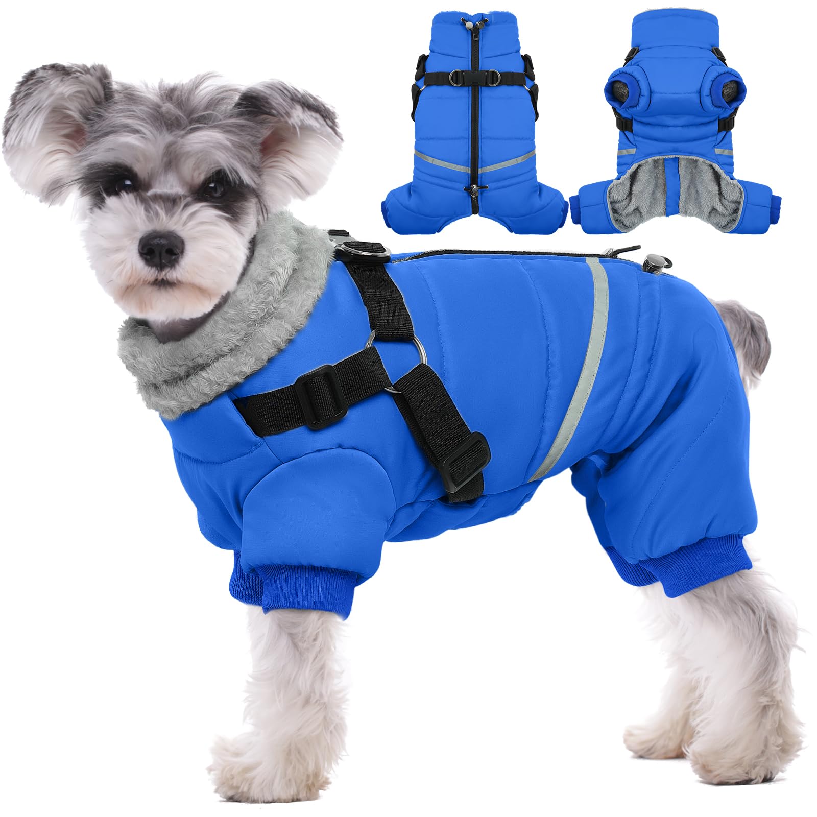 BRKURLEG Blue Dog Winter Coat, Cozy Winter Dog Jackets, Dog Coat with Harness, Onesie Body Warm Dog Christmas Coats, Pet Reflect