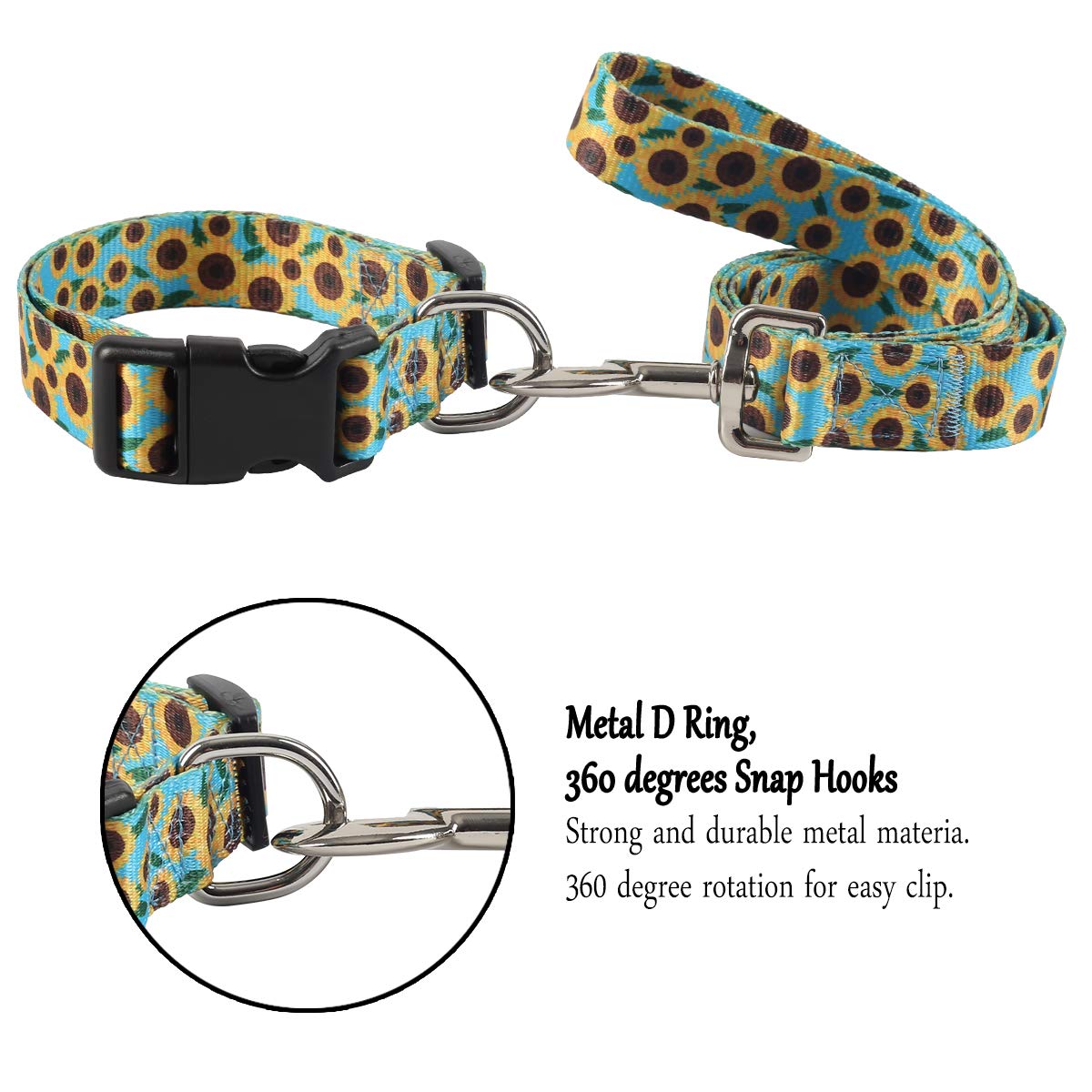 Coomour 2Pcs Sunflower Dog Collars And Pet Floral Leash Set Puppy Adjustable Collars For Small Medium Large Dogs Boys Girls (Med