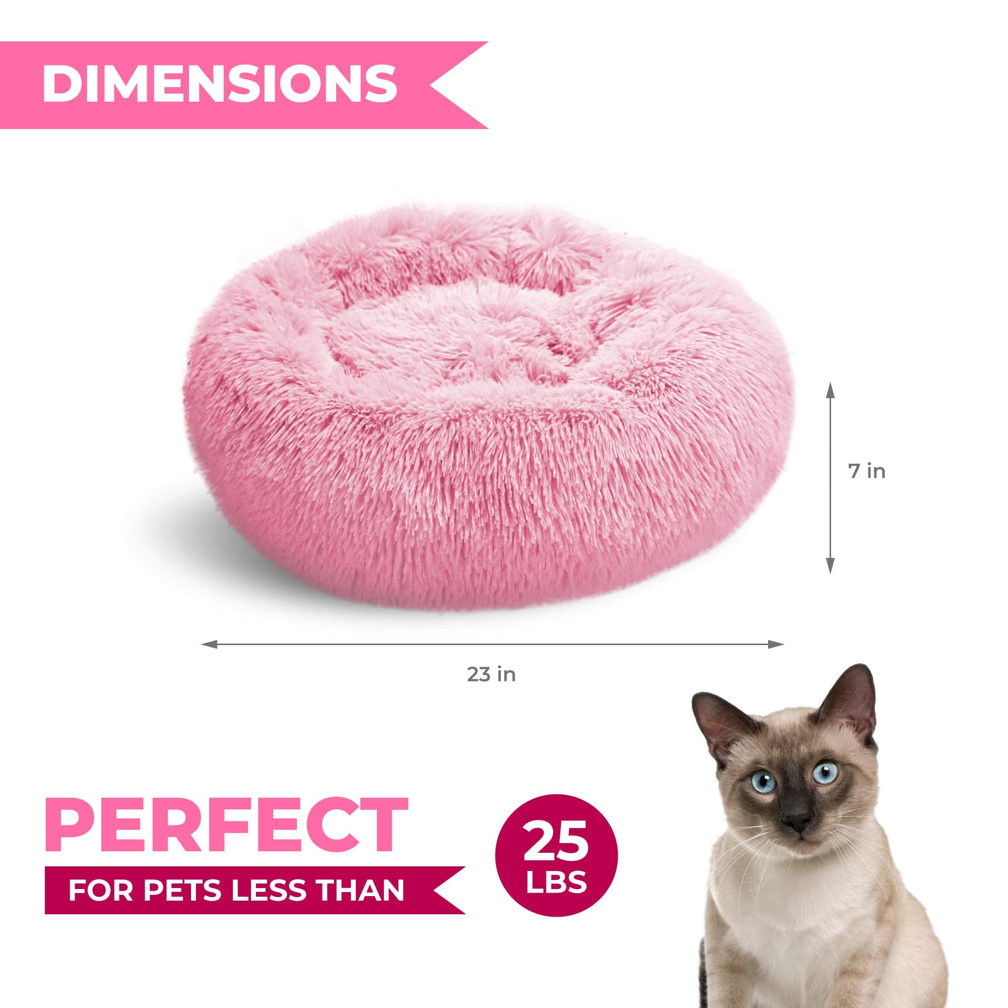 Whiskers & Friends Calming Cat Bed - Plush, Gradient Pink, 23x23 Inch, Anti-Anxiety for Cats & Small Dogs, Washable Donut Design