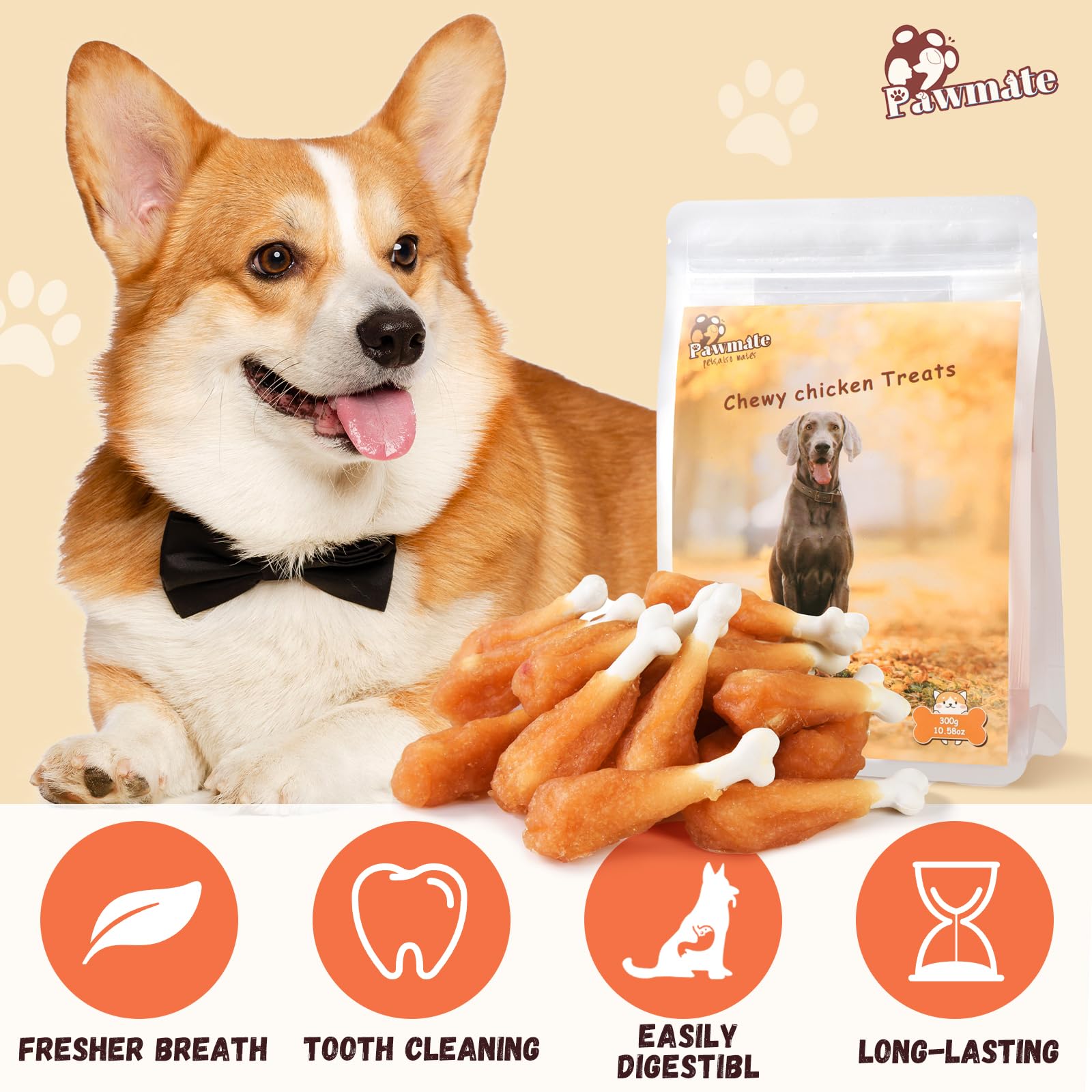 Pawmate Chicken Wrapped Calcium Bone Dog Treats, Rawhide-Free, 10.6 oz, Chewy Snacks for Medium Large Dogs