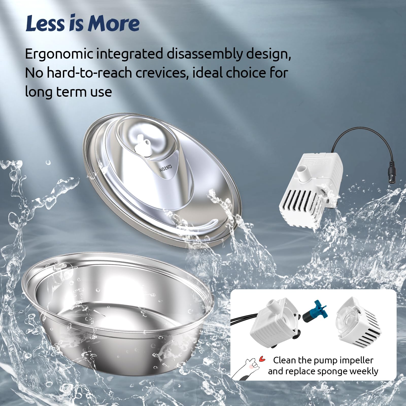 Orsda Cat Water Fountain, 2L Stainless Steel Pet Water Fountain, Automatic Drinking Fountain Dog Water Dispenser With 12 Replace