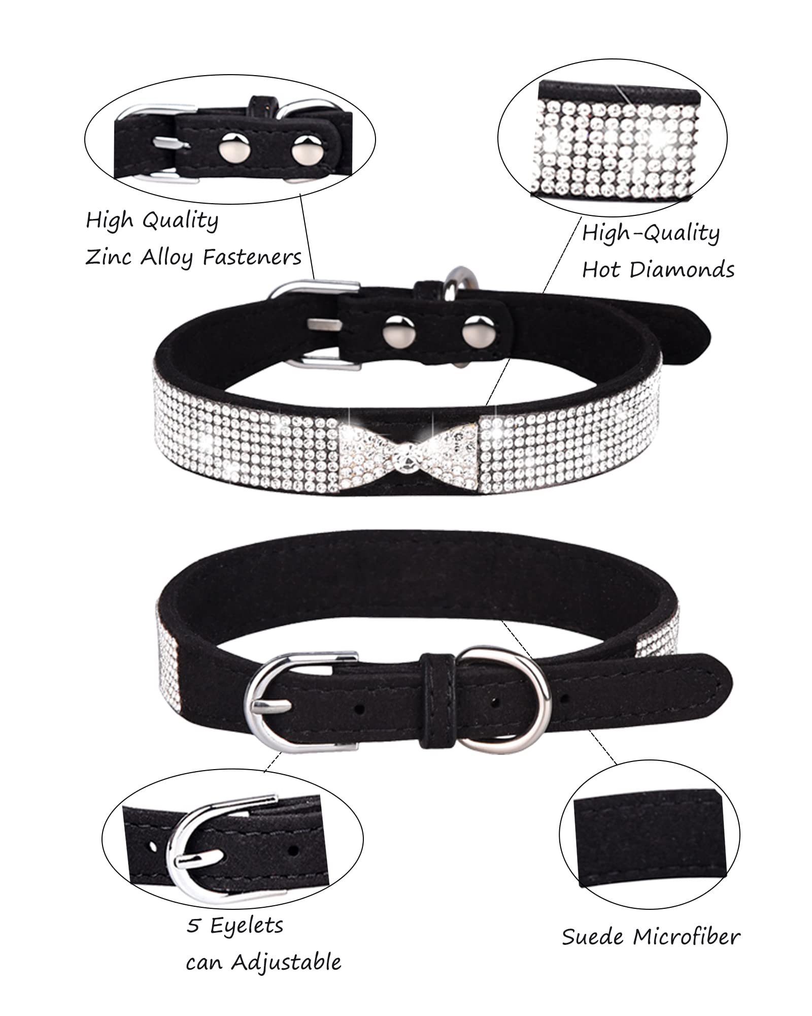 Dog Collar For Small Dogs, Adjustable Leather Suede Bling Dog Collars,Pink Dog Collar Cat Collar, Rhinestone Dog Collar (Xs, Bla