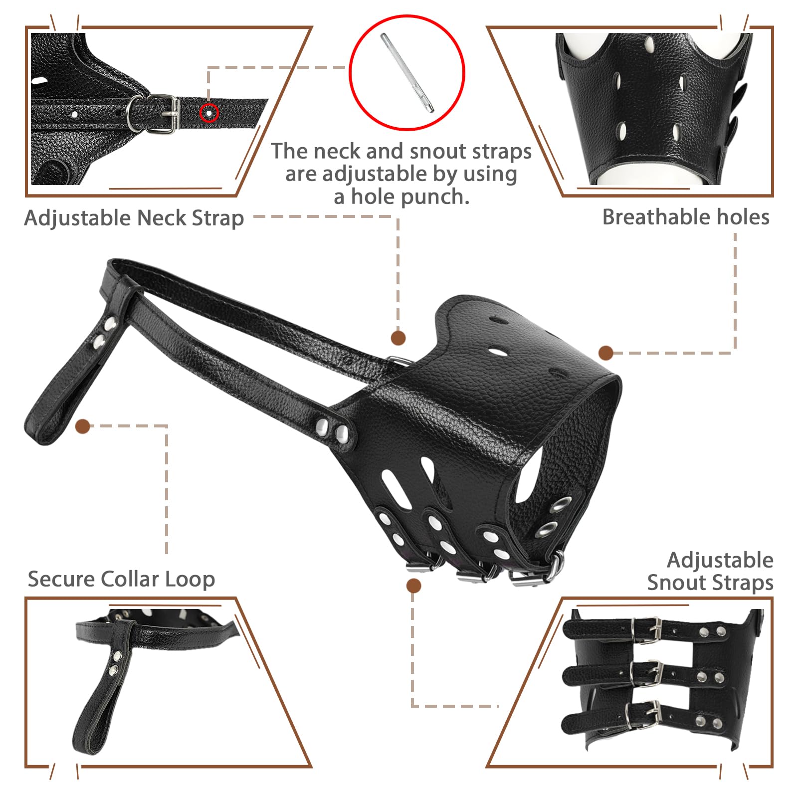 Dog Muzzle Leather, Comfort Secure Anti-Barking Muzzles For Small Medium Large Dogs, Breathable And Adjustable, Allows Drinking And Panting, Used With Collars (Black)