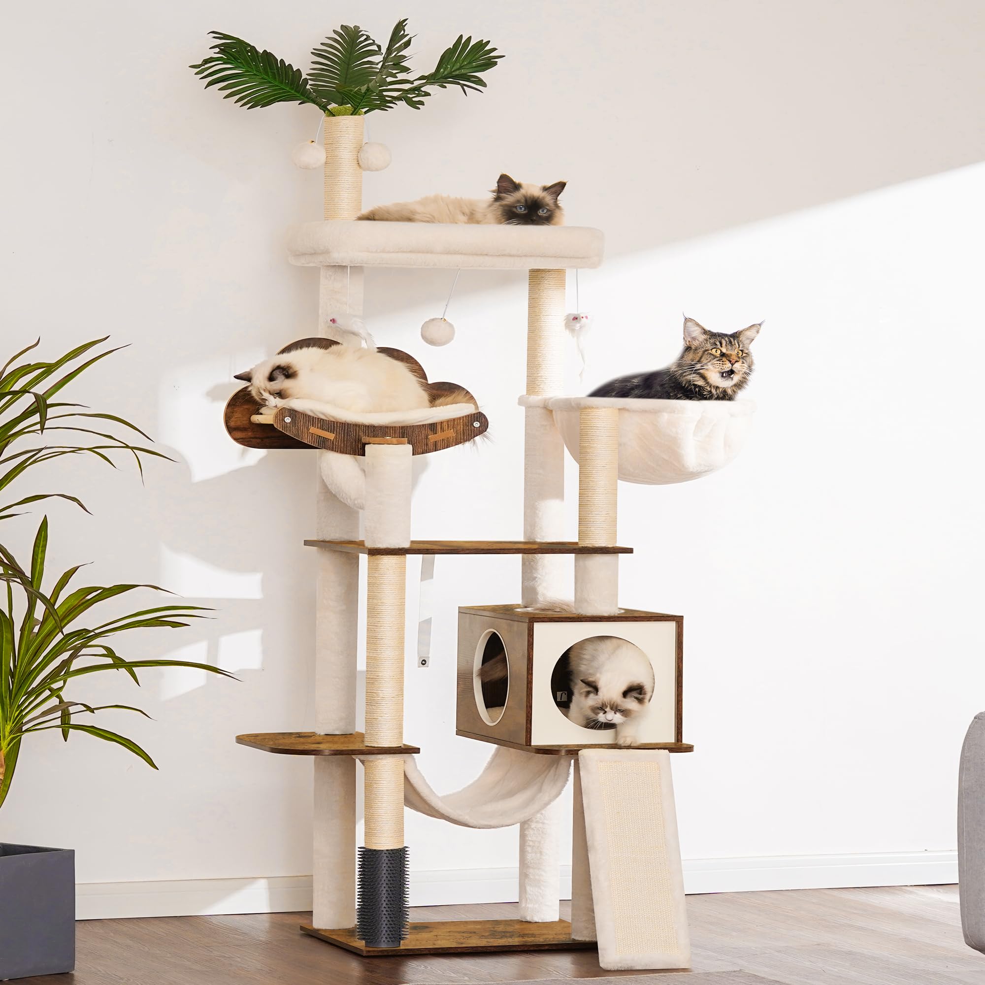Hebly Wood Cat Tree For Indoor Cats, Cat Condo For Large Cats With Self Groomer,Modern Cat Scratching Tower With Basket,Hammock,