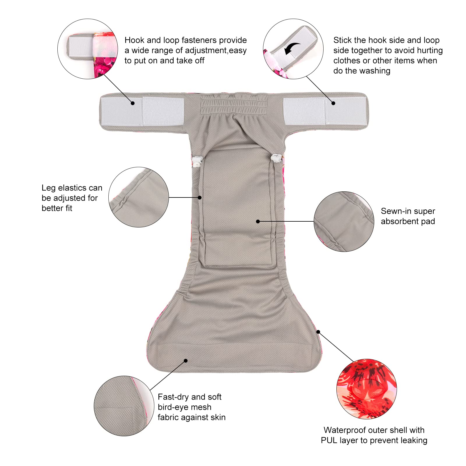 Cutebone Girl Dog Diapers No Tail Hole Washable 3 Pack Puppy Training Pants For Docked-Tail Dogs Wwd02S