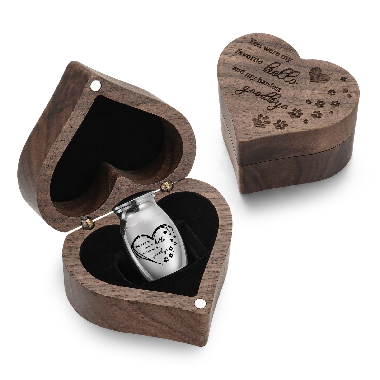 SOITIS Small Pet for Dog Cats Urns for Ashes Wooden Heart Box, 1.18 Inches Stainless Steel Pet Urns for Cat Ash Customized Memor