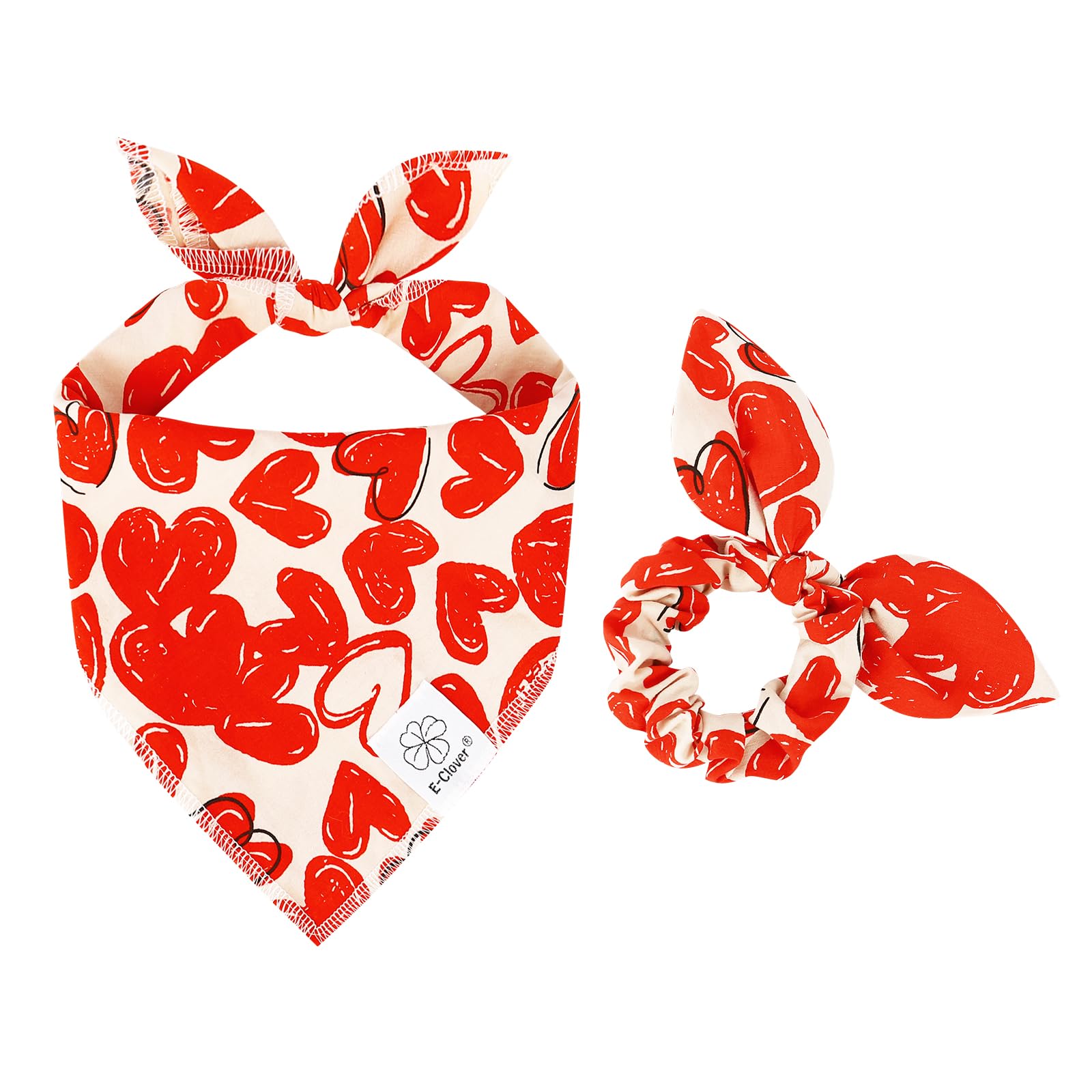 E-Clover Cute Dog Bandana & Matching Scrunchie-Heart Dog Bandanas Red Pet Scarf Bib For Medium Large Dogs Girl Boy Owner Mothers