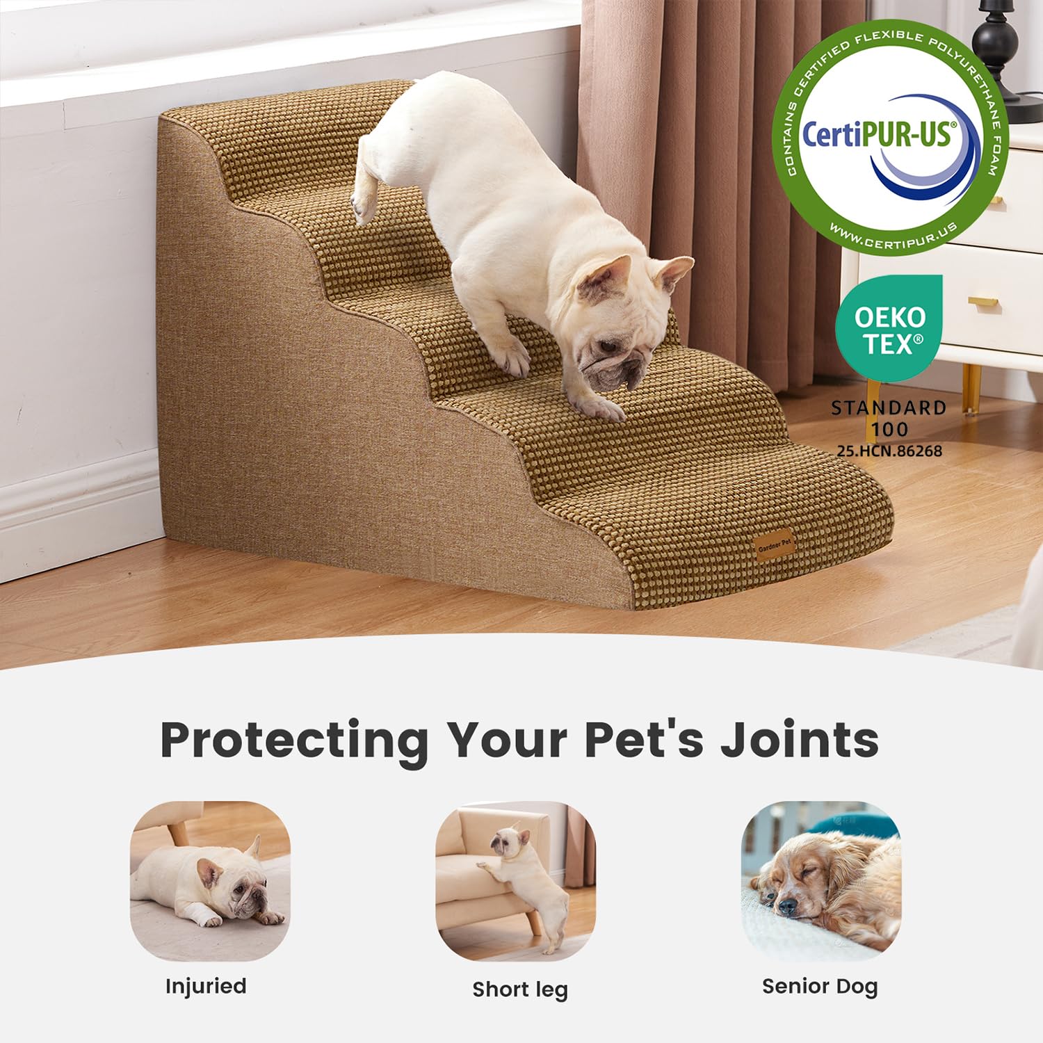 Gardner Pet Dog Stairs for Small Dogs 22.8 H, 5-Step Brown Curved Pet Stairs, Dog Steps for High Bed, Couch (24-30 in) with Dura