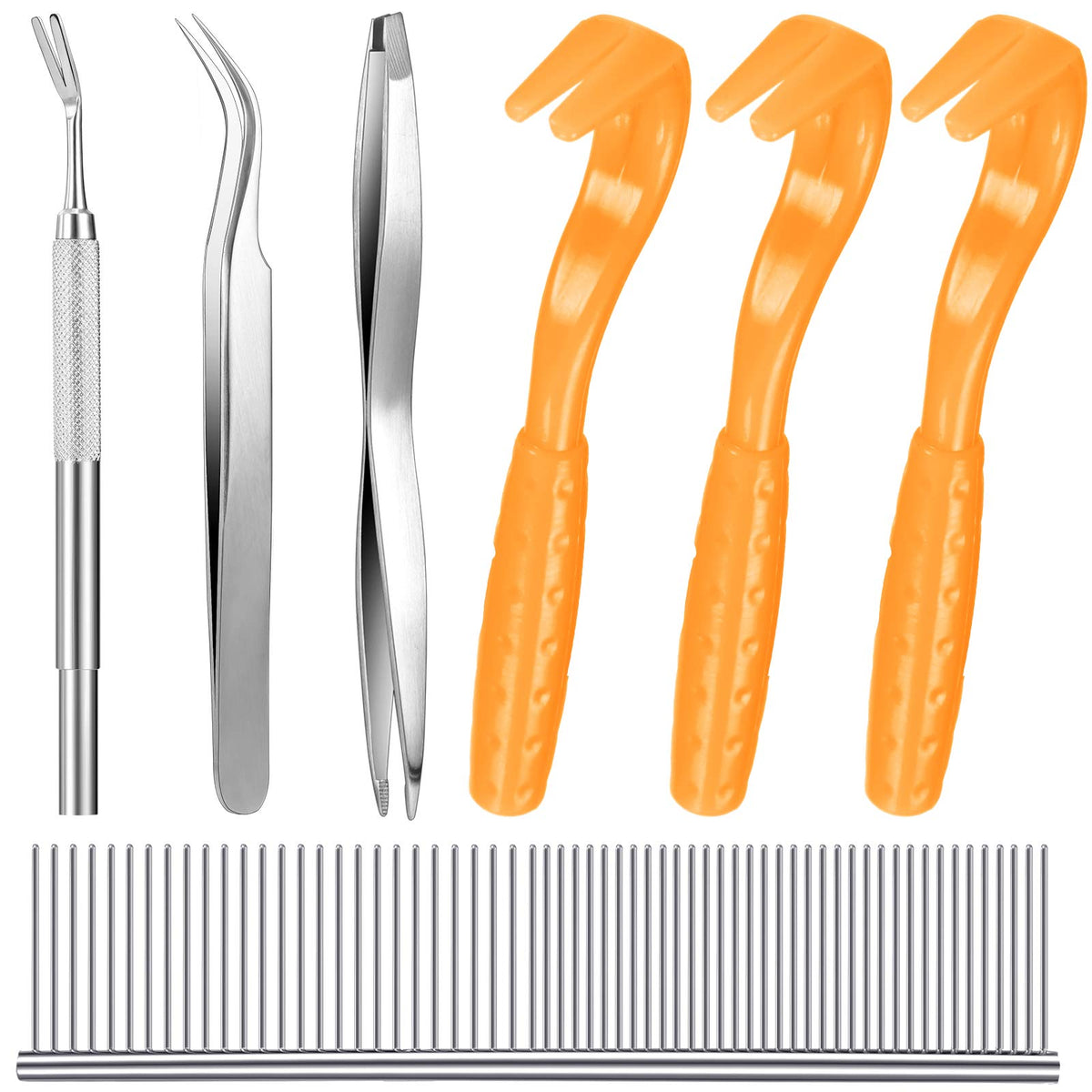 Tick Removal Tool Kit, Include 3 Pieces Plastic Removers, 3 Pieces Stainless Steel Tweezers With Comb For Dog And Cats (Orange)