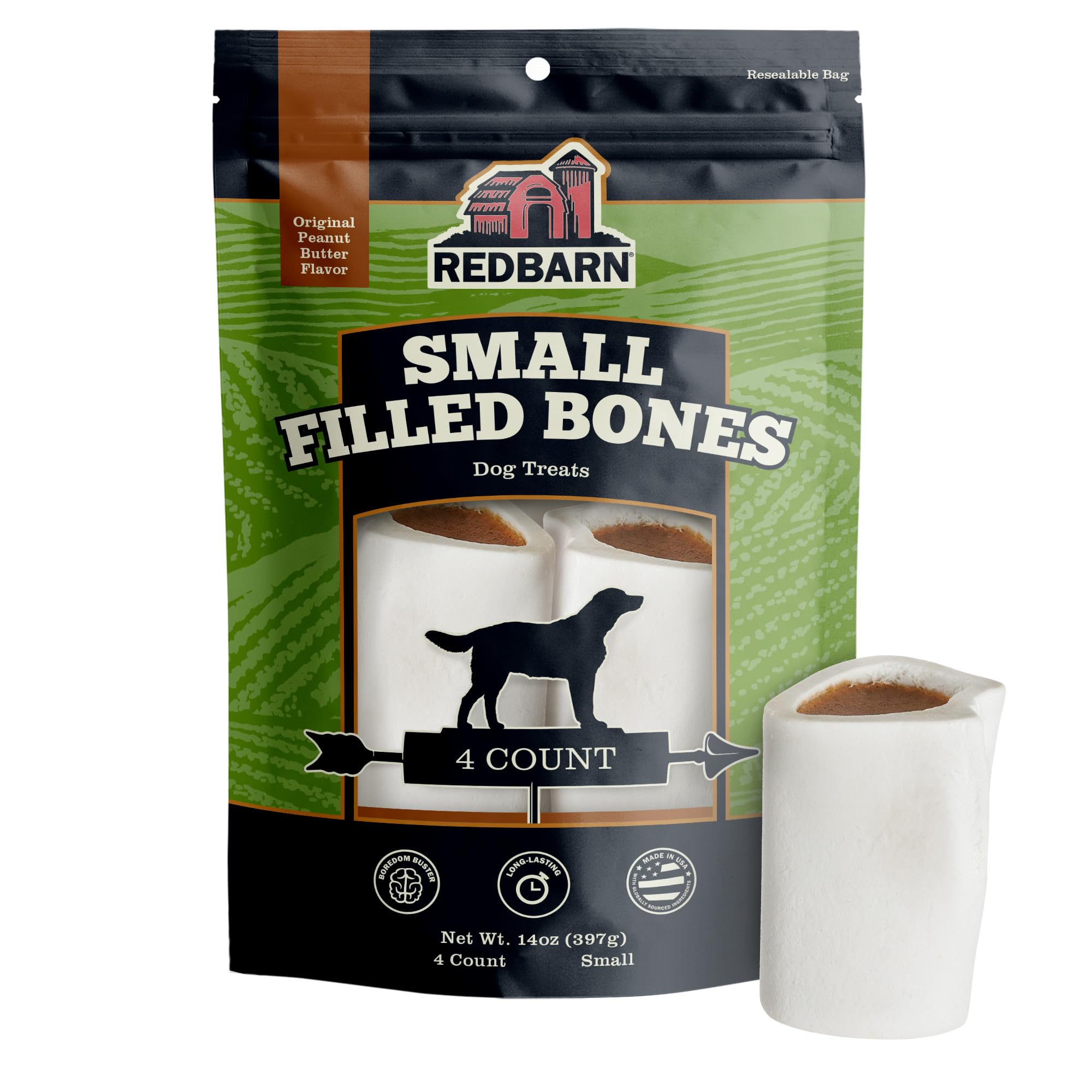 Redbarn Pet Products Small Filled Dog Bones, Peanut Butter Flavor - Long Lasting Stuffed Femur Chew Treat Made in USA - 4 Count 