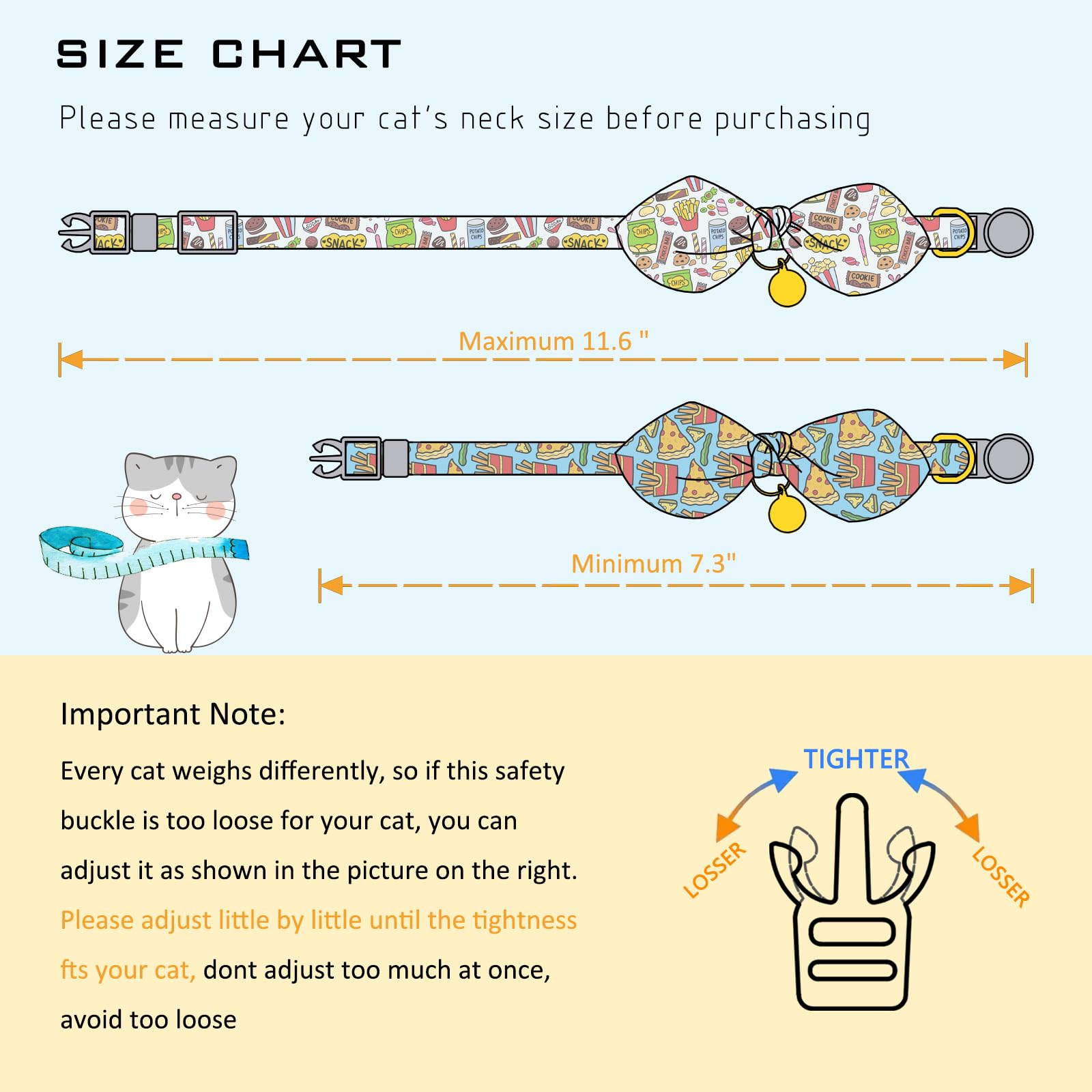 Faygarsle 2 Pack Breakaway Cute Cat Collars With Bow Ties Pattern With Pizza Snacks For Female And Male Cats