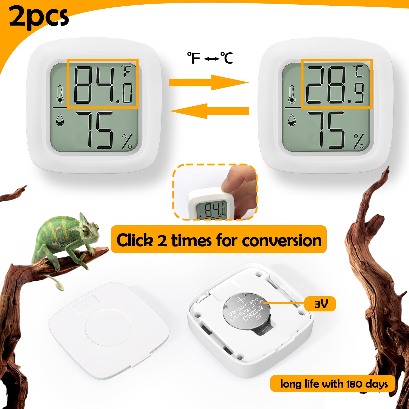 Bsresin 2 Pcs Reptile Thermometer And Humidity Gauge For Reptile Tank With On-Off, Reptile Tank Accessories For Jumping Spider,