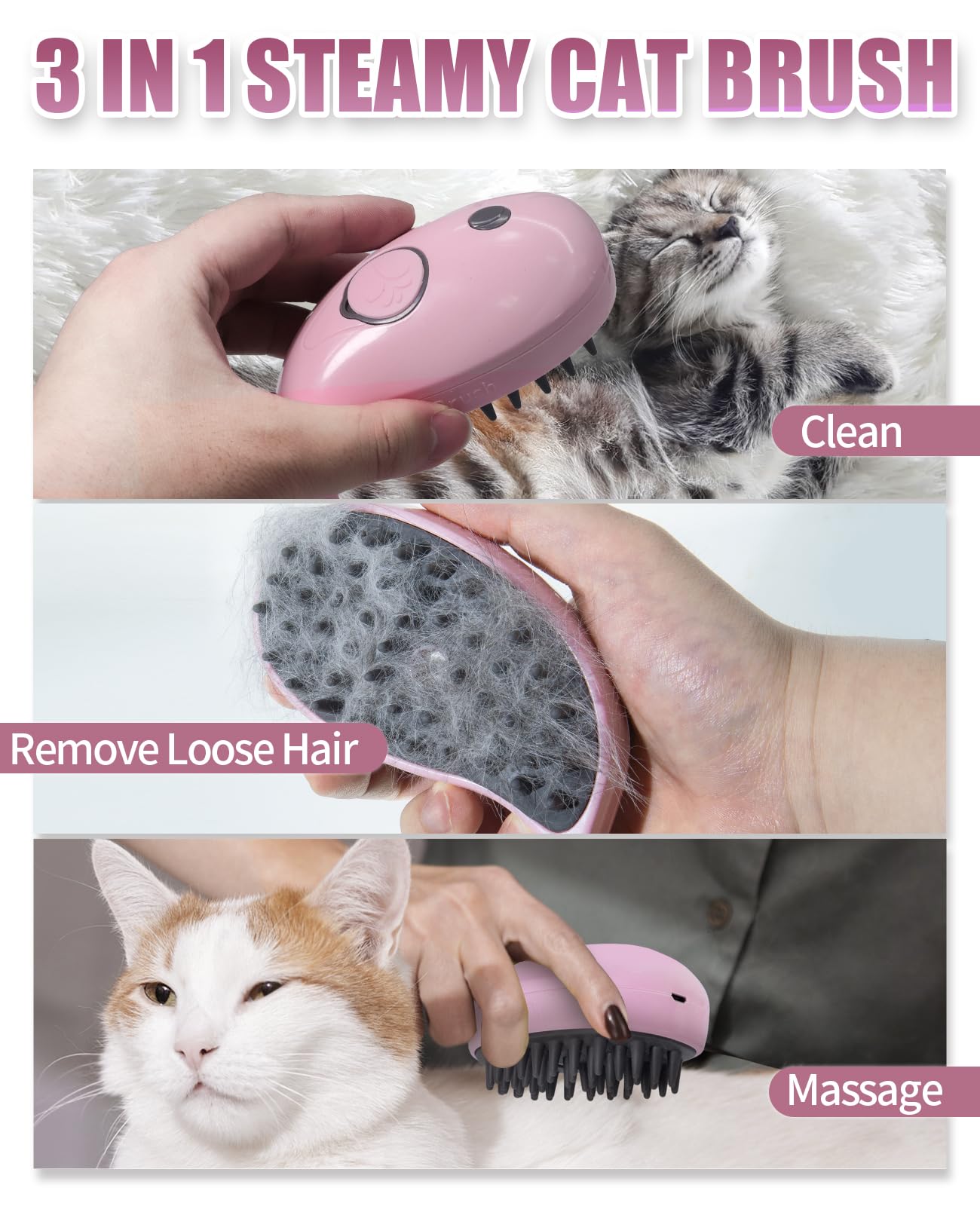 Frelara Cat Steam Brush For Shedding - 3 In 1 Steam Cat Brushes For Grooming And Massage - Whales Shaped Cat Brush With Steam Fo