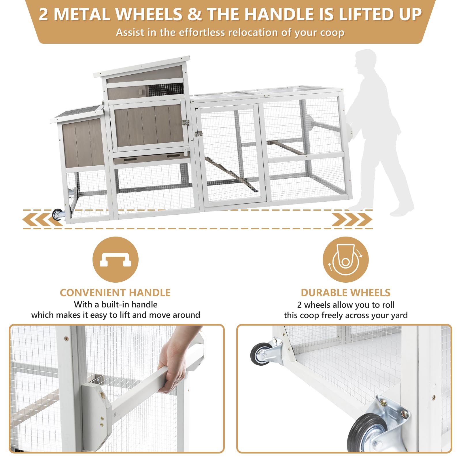 PetsCosset Chicken Coop with Run, Mobile Hen House with Wheels, Indoor/Outdoor Rabbit Hutch, Predator-Resistant, Nesting Box, 3
