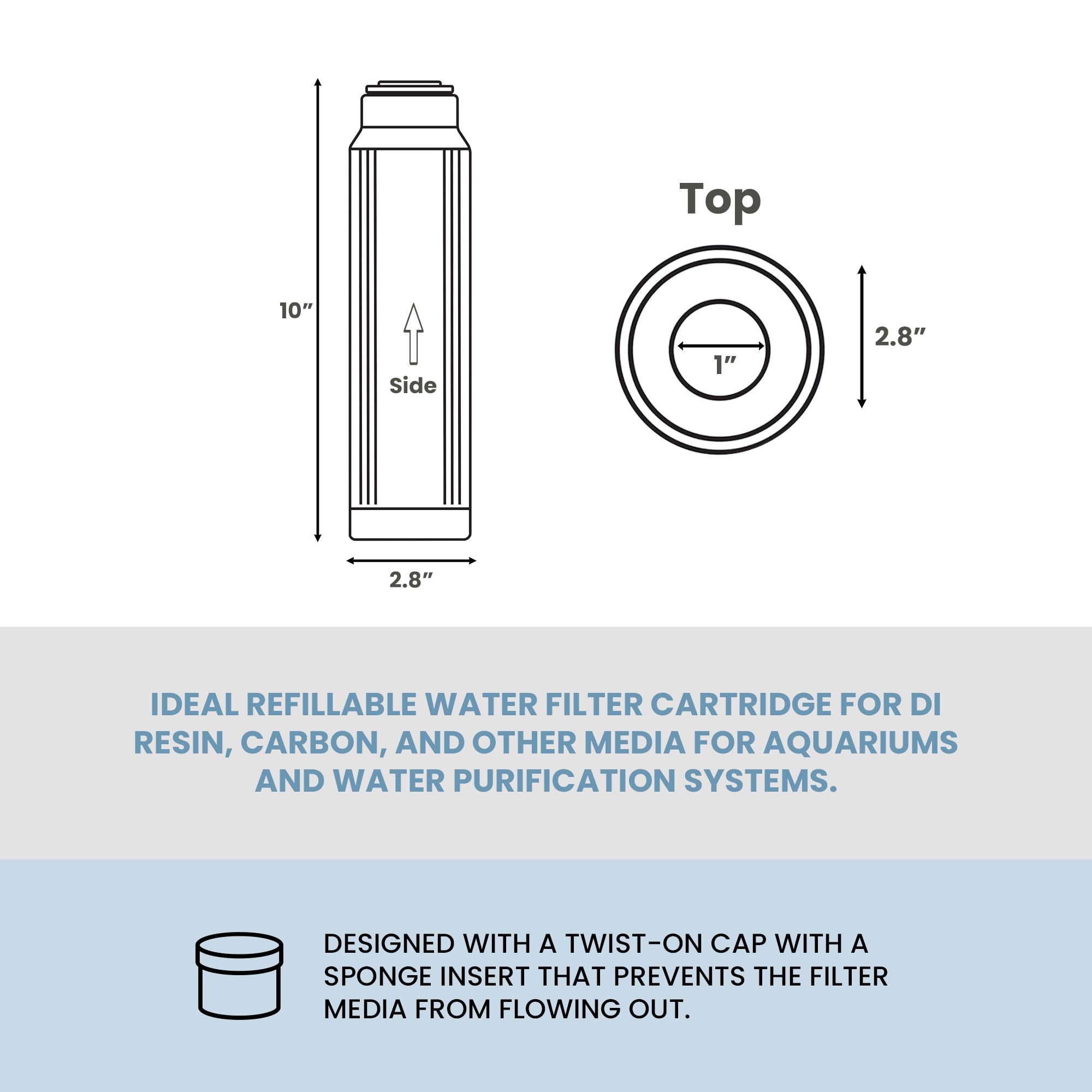 Aquaticlife 10'' X 2.5'' Translucent Refillable Reusable Water Filter Cartridge For Di Resin And Other Media