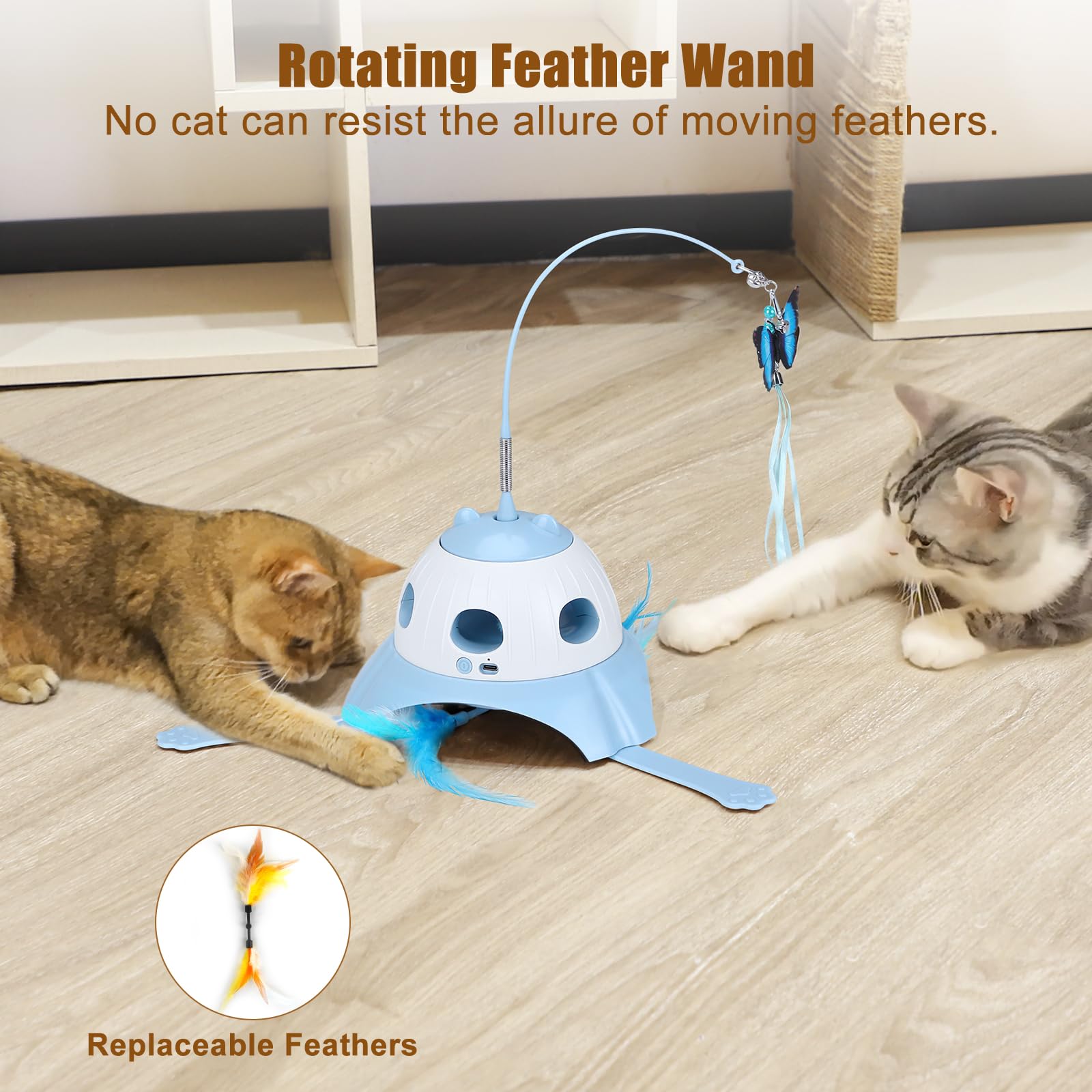 Aiperro 3-In-1 Automatic Cat Toys For Indoor Cats, Fluttering Butterfly, Whack A Mole, Rotating Feather Wand, Usb Rechargeable I