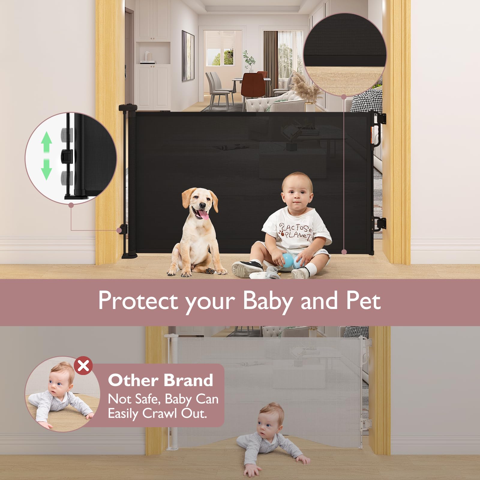 Retractable Baby Gate, Momcozy Mesh Baby Gate or Mesh Dog Gate, 33 Tall,Extends up to 55 Wide, Child Safety Gate for Doorways, S