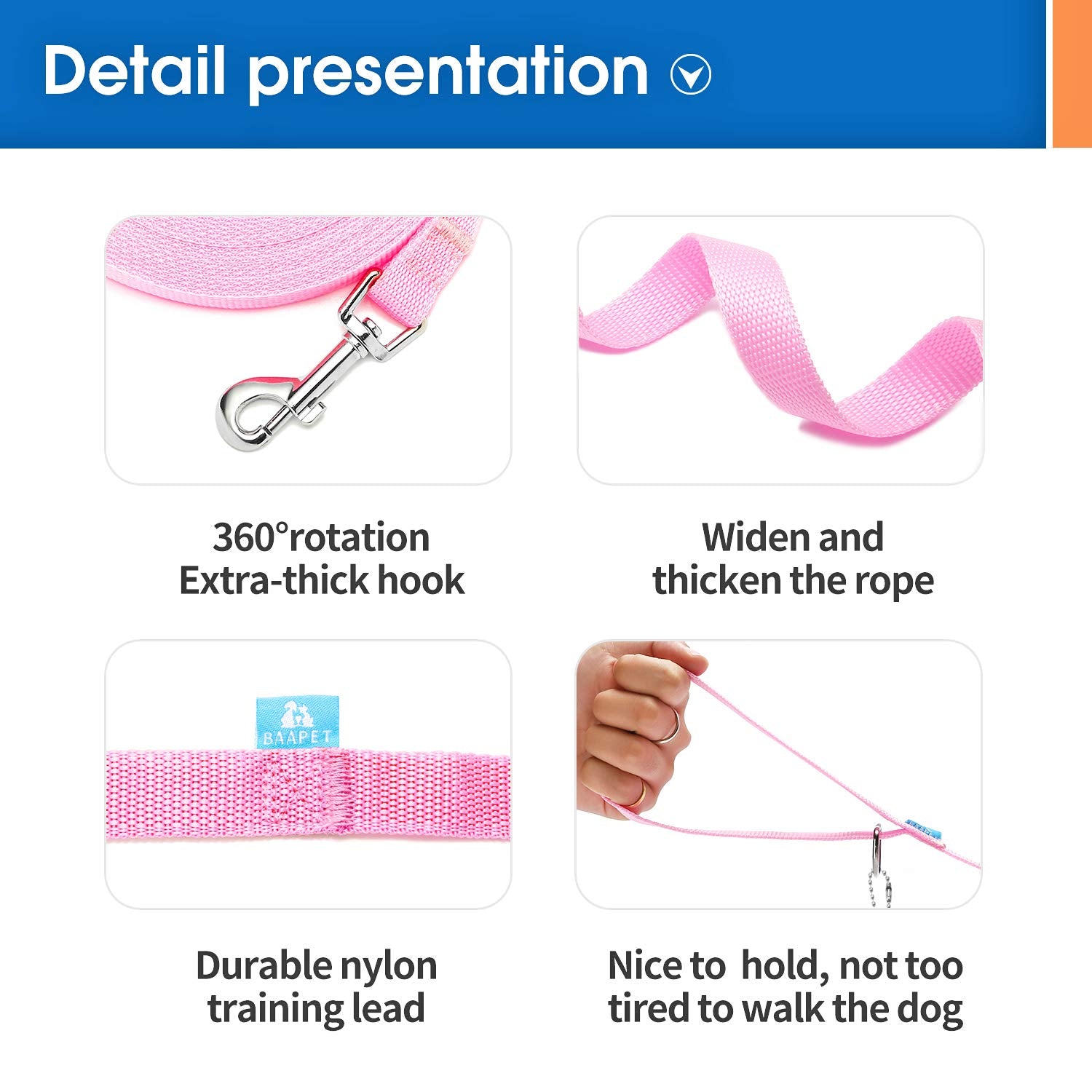 Baapet 15 Ft 20 Ft 30 Ft 50 Ft 100 Ft Long Dog Training Leash For Dog Training, Play, Camping, Or Backyard Lead With Training Clickers For Small, Medium And Large Dogs Or Cats (20 Feet, Pink)