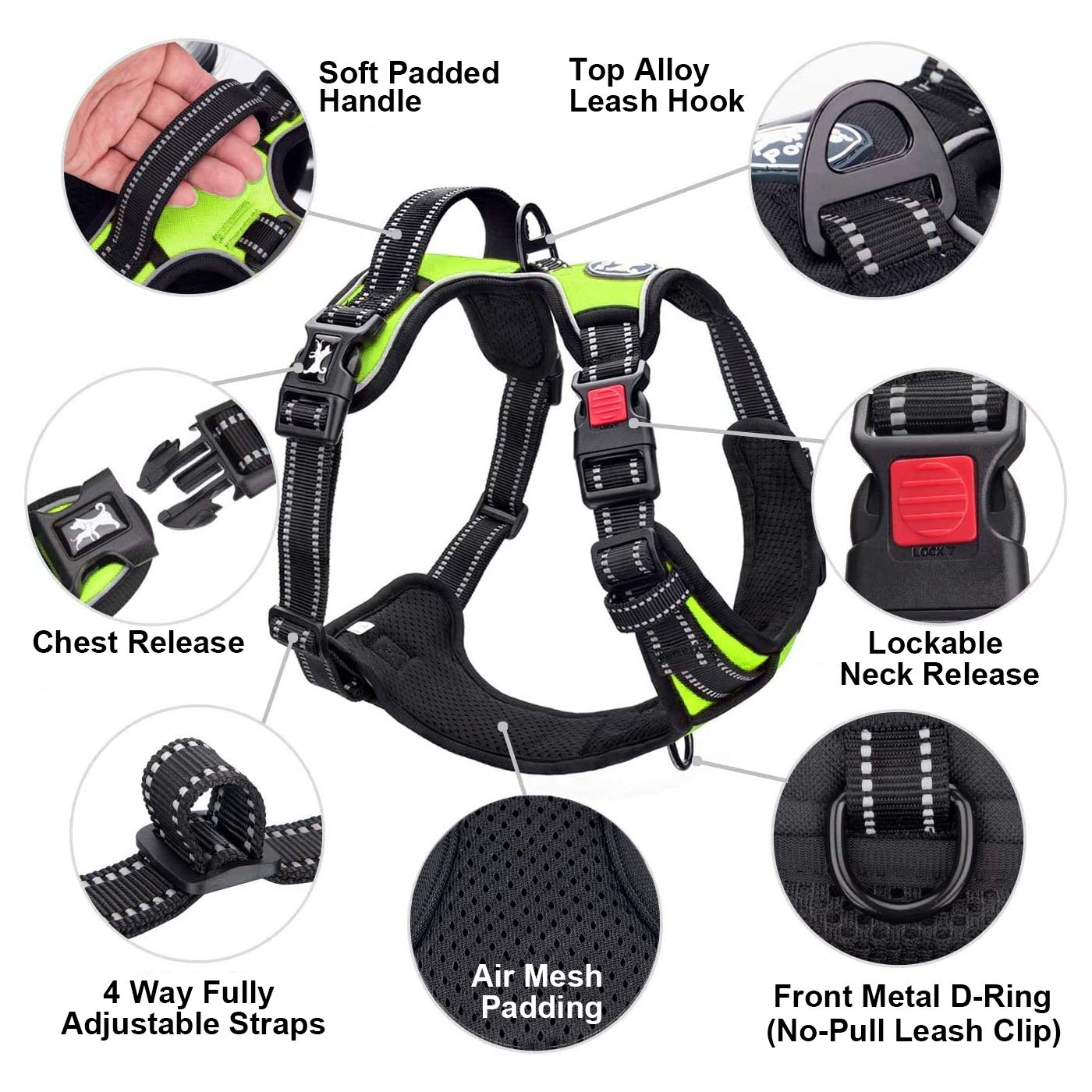 Poypet No Pull Dog Harness, No Choke Front Clip Dog Reflective Harness, Adjustable Soft Padded Pet Vest With Easy Control Handle For Small To Large Dogs(Green,S)