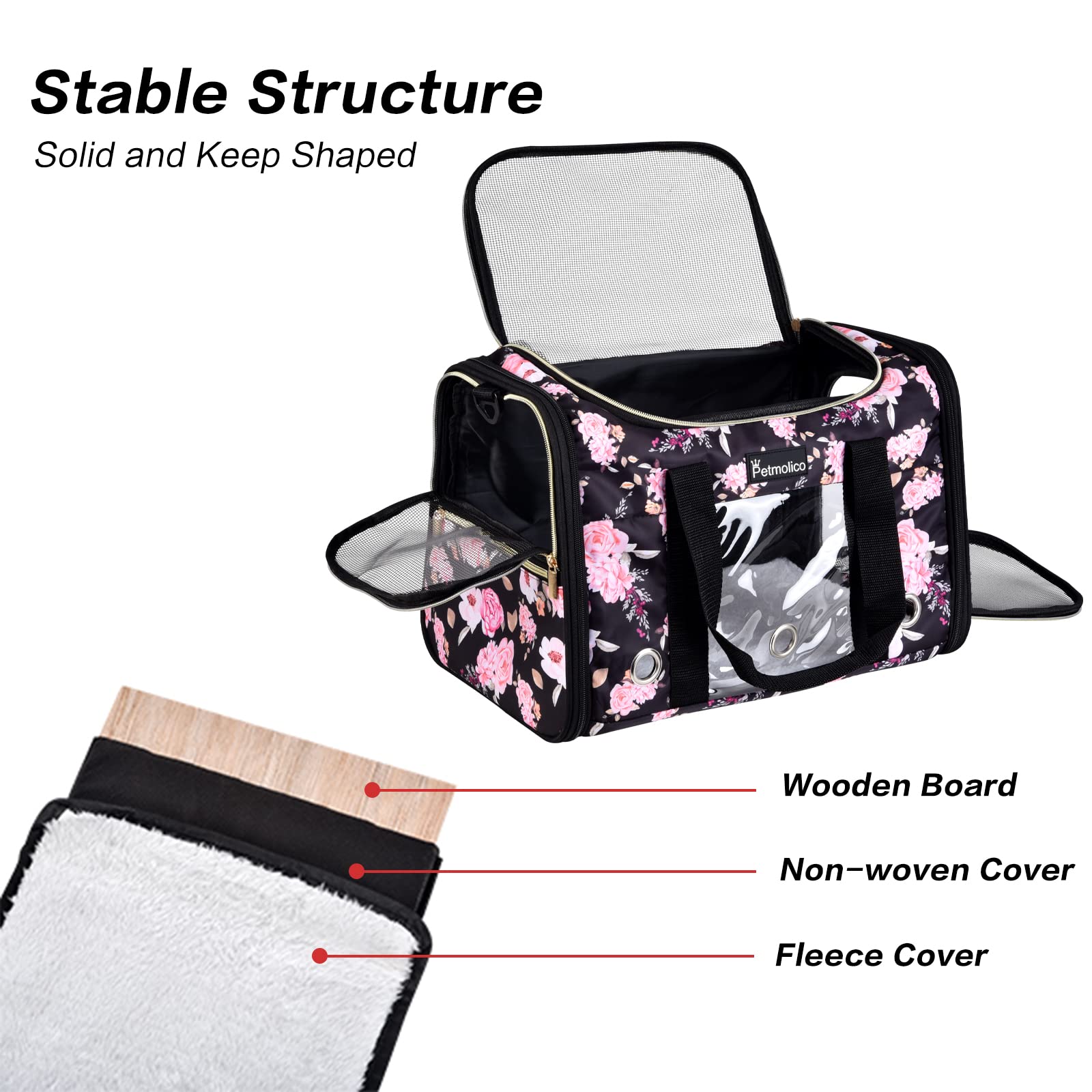 Petmolico Cat Carrier Soft-Sided Pet Bag For Small Medium Cats Puppies 16Lbs - Airline Approved Cat Travel Carrier 3 Open Doors