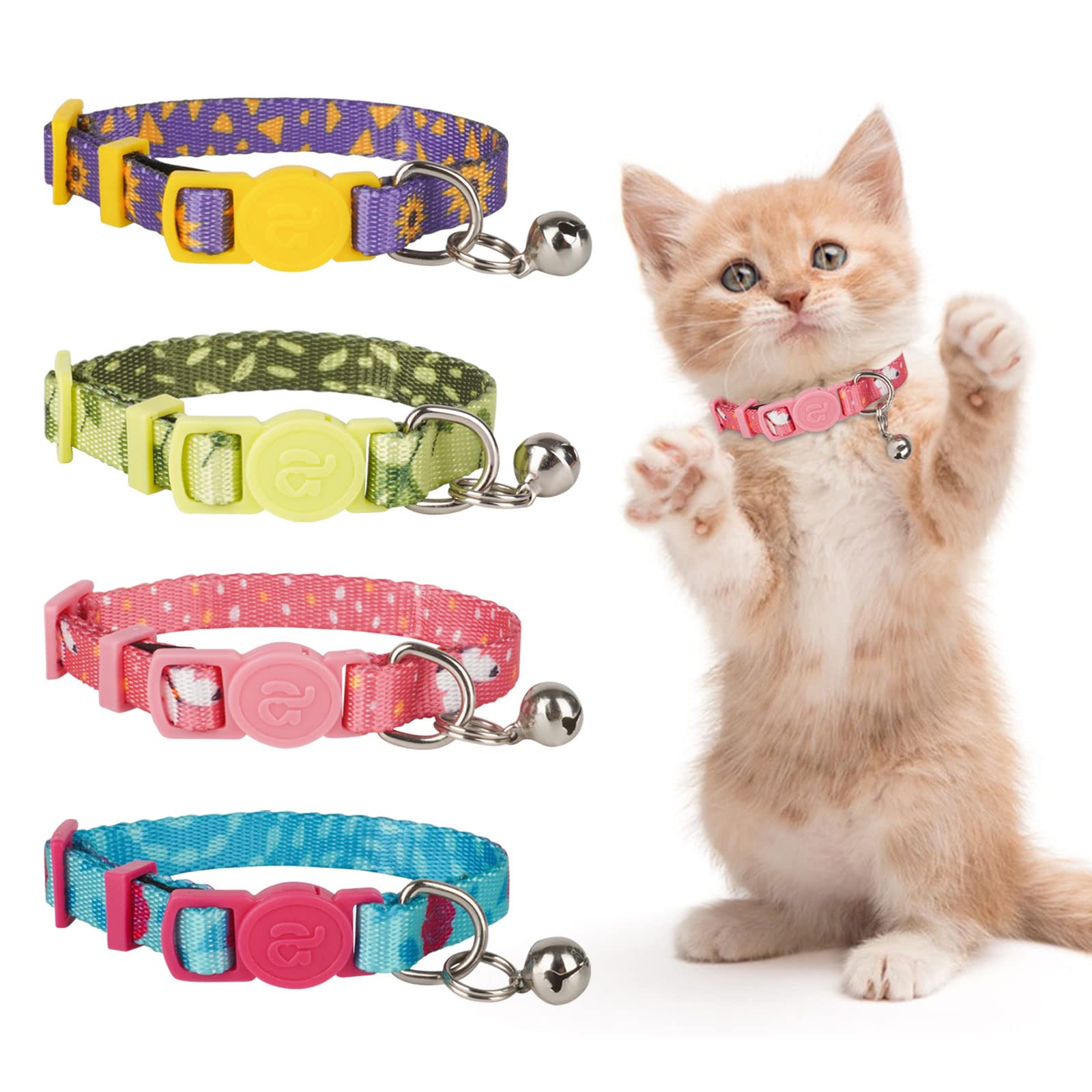Azuza 4 Pack Kitten Collar Breakaway With Bell,Quick Release Safe Buckle Adjustable Baby Kitten Collars, Floral Print Rose/Ginkgo/Sunflower/Butterfly