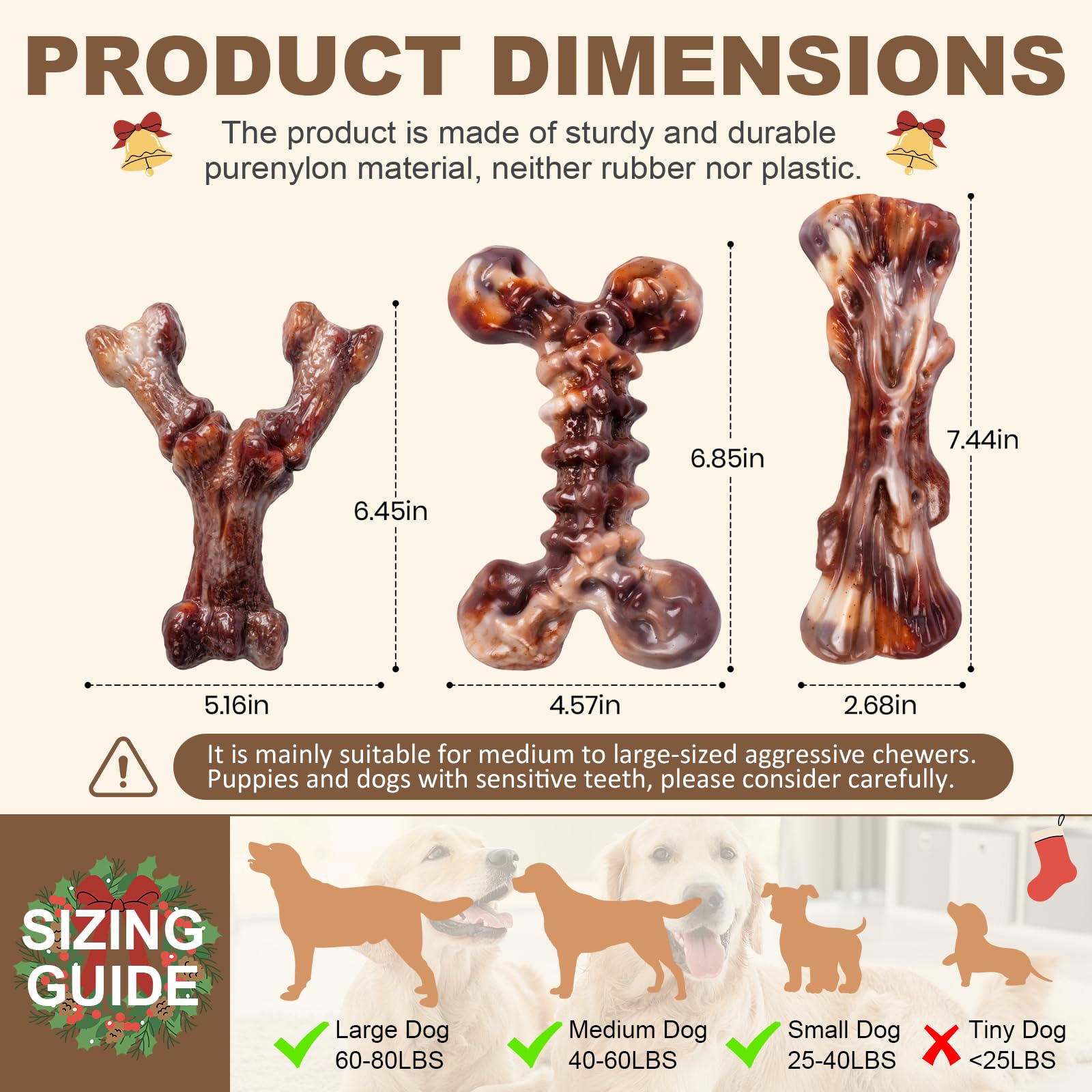 Kseroo Dog Toys for Aggressive Chewers - 3 Pack Bacon Flavored Indestructible Dog Toy, Big Tough Chew Bone for Medium Large Bree