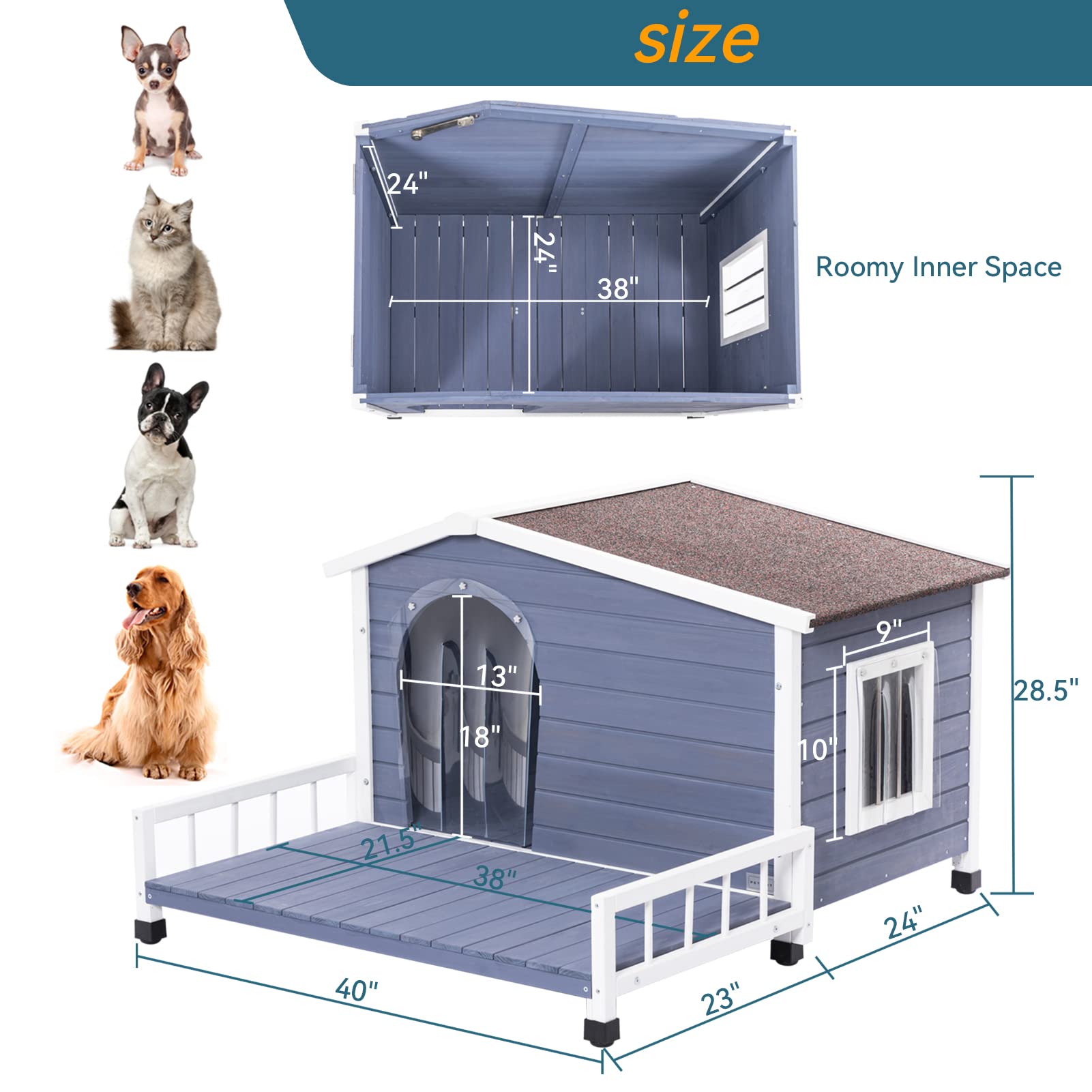 Yopto Wooden Dog House With Detachable Patio And Open Waterproof Asphalt Roof,Outdoor Dog Kennel W/Side Window,Front Door Design