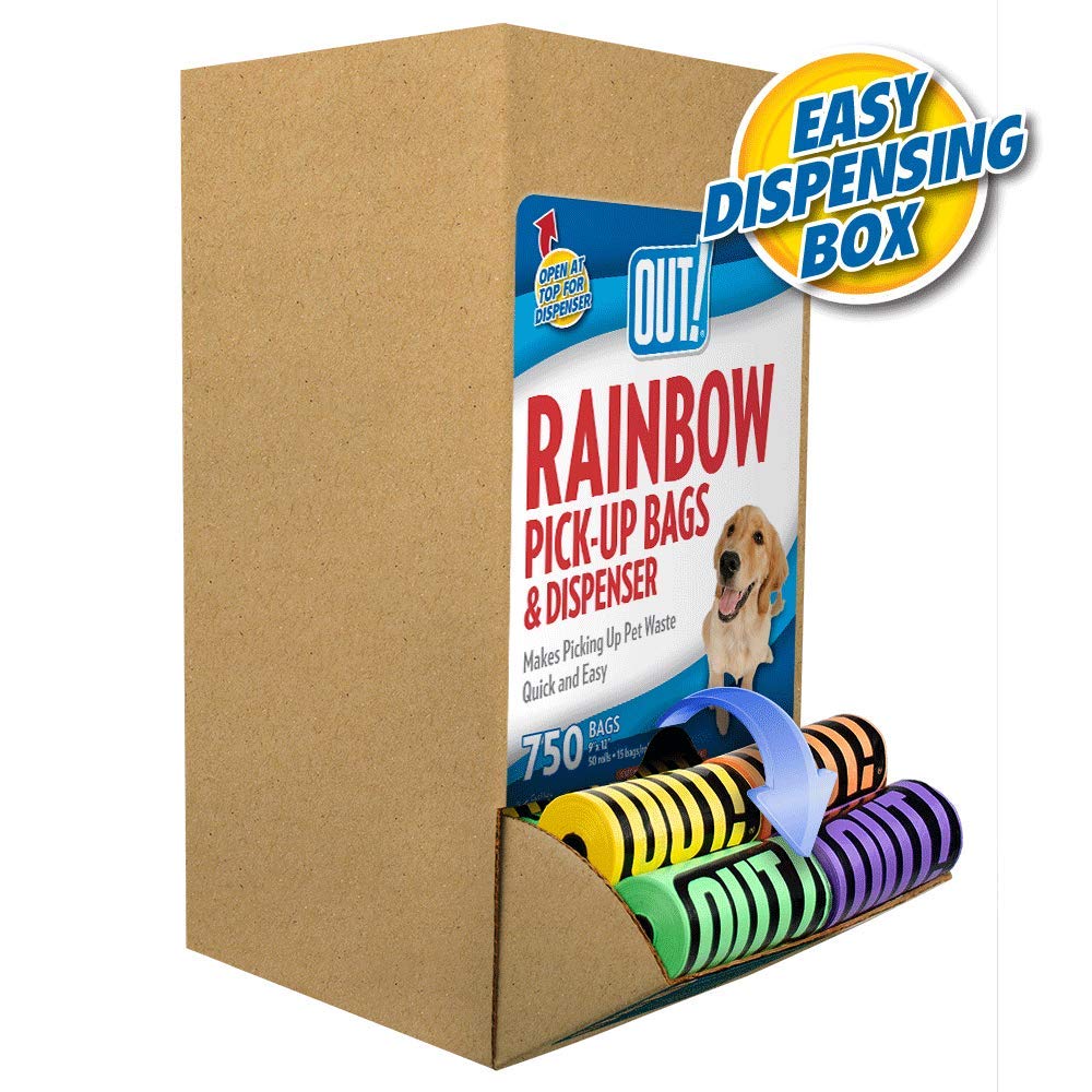 OUT! Dog Waste Bags with Leash Bag Dispenser - Rainbow Colored - Strong, Leak-Proof Poop Bags - Includes Easy Dispensing Box - 7