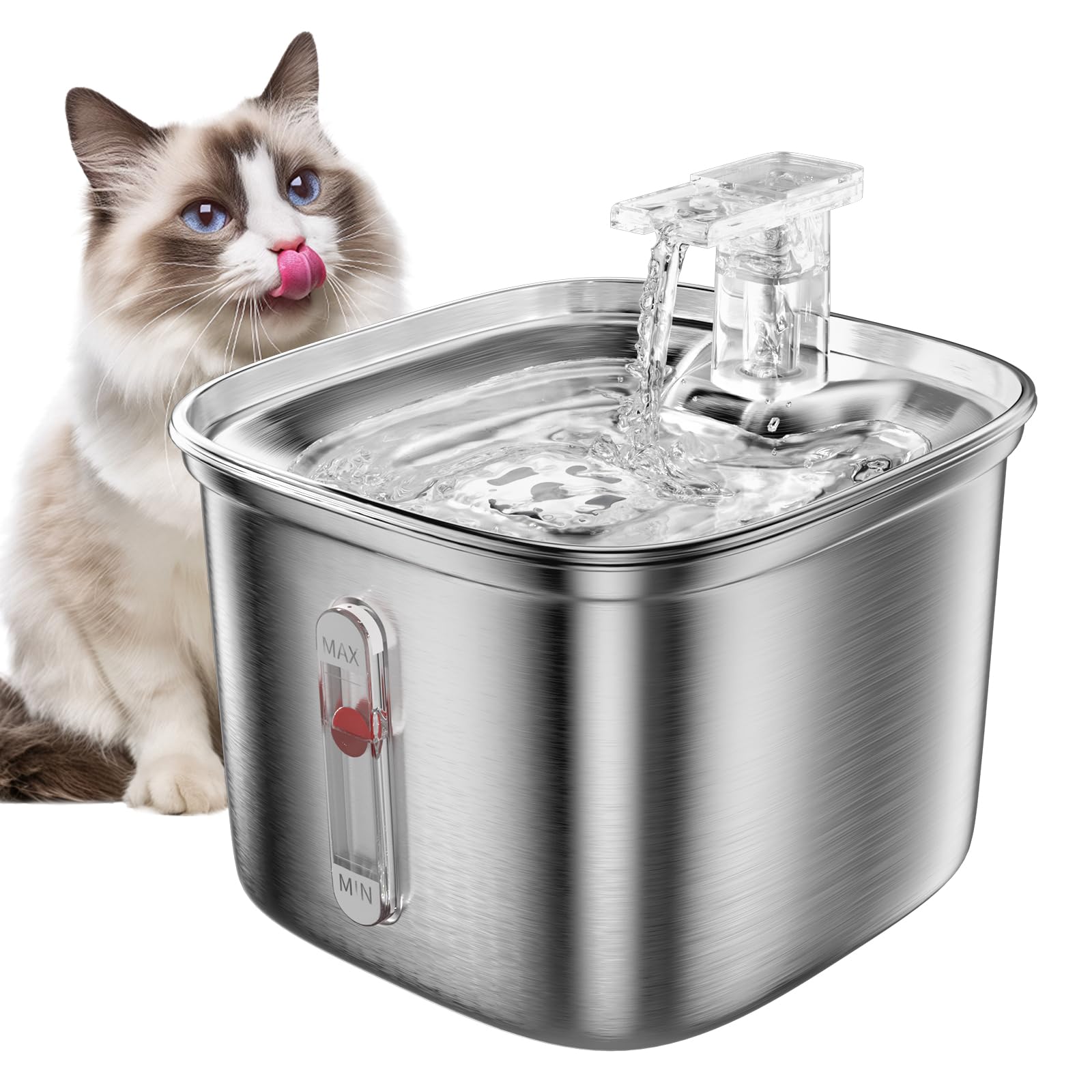 Cat Water Fountain, 74.4oz/2.2L Stainless Steel Cat Fountain for Drinking with Waterfall Effluent, Silent Pet Drinking Dispenser