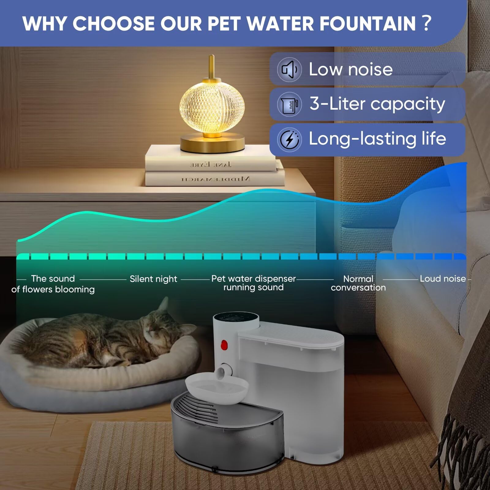 Saker Automatic Cat Water Dispenser: Smart Pet Water Fountain No Filter For Small Dogs - Wireless 3L Rechargeable Smart Cat Foun