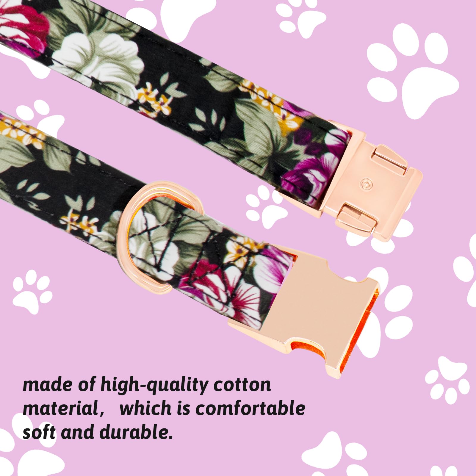 HSIGIO Dog Collar and Leash Set Girls Adjustable Puppy Collars with Floral Bow Tie for Small Medium Large Female Dogs, Black Ros