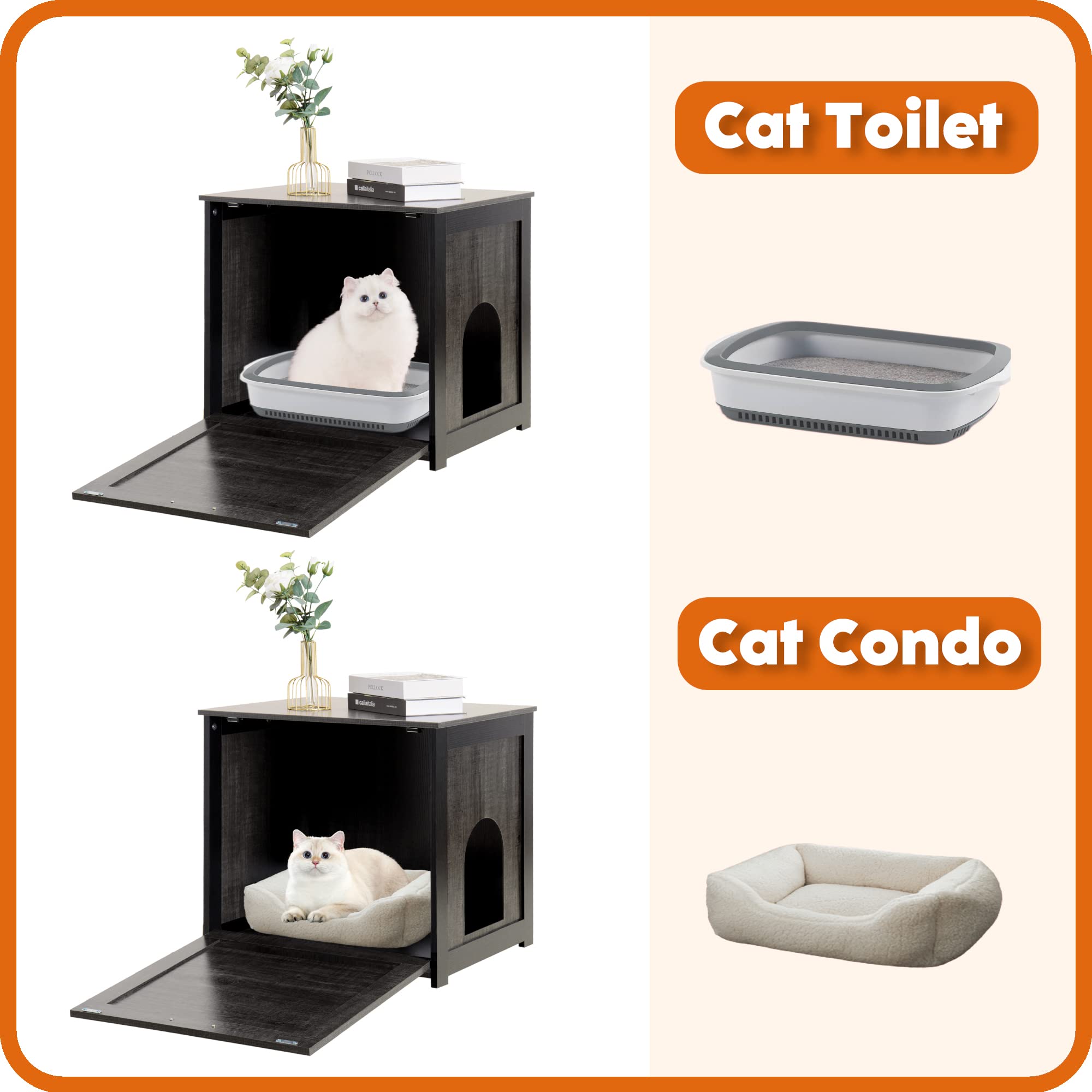 Dwanton Cat Litter Box Furniture Hidden, Cat Litter Box Enclosure, Reversible Entrance Can Be On Left Or Right Side, Indoor Cat Box Cabinet, Wooden Cat Washroom, End Table, Nightstand, Dark Gray