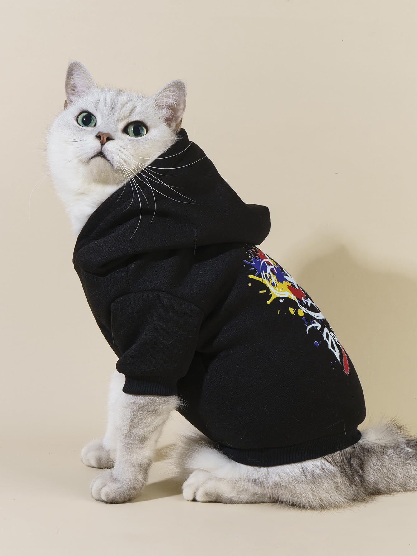 QWINEE Cartoon Bear Print Cat Hoodie Breathable Stretchy Sweatshirts with Hat Warm Cat Clothes for Small Medium Large Cats Dogs