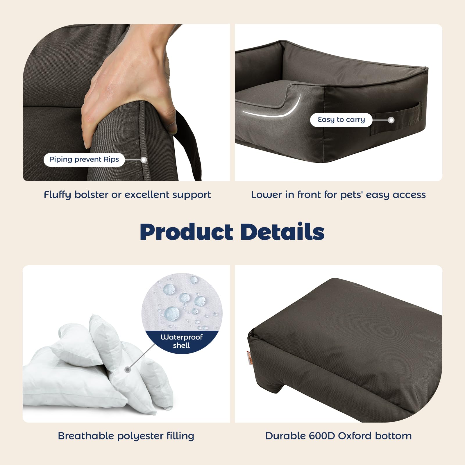 Miguel Waterproof Outdoor Dog Bed For Medium Small Dogs, Oxford Pet Bed Tough With Sides Easy Clean, All Weather Rectangle Puppy