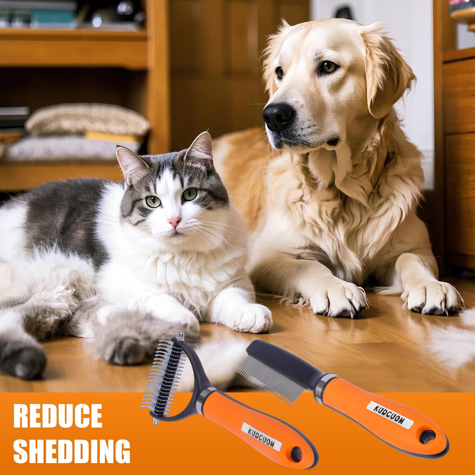 Kudcuom Pet Grooming Combo, Featuring A Deshedding Brush And Dematting Combs, Is Specifically Tailored For Long-Haired Dogs And