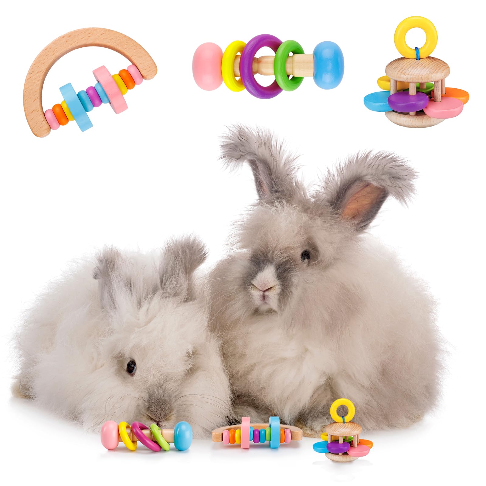 MEWTOGO 3 Pcs Wooden Bunny Toys - Safe Rabbit Toys, Bite-Resistant Guinea Pigs Toys for Chinchillas Hamsters Small Animals Playi