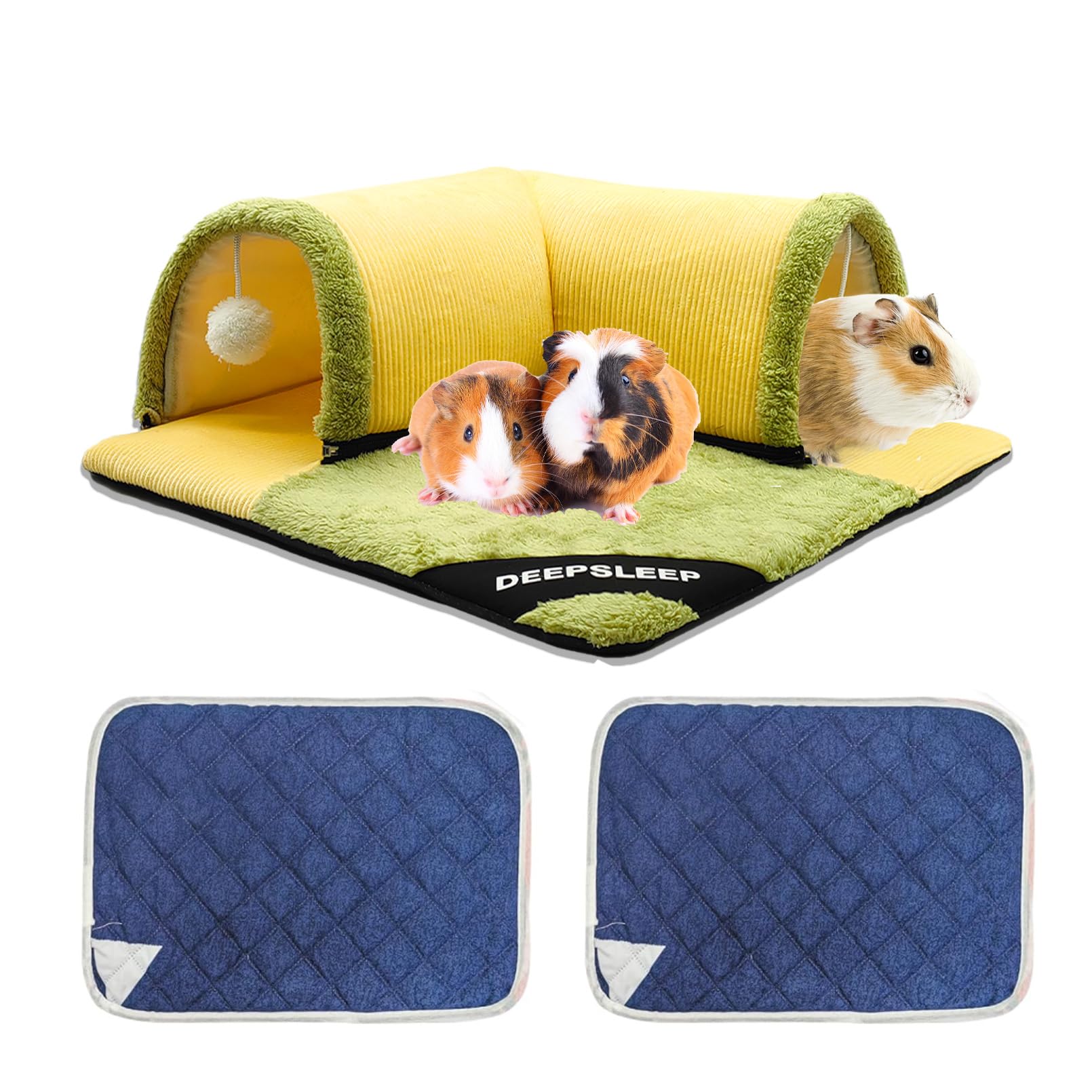 3 Pcs Guinea Pig Hideout Tunnel With Removable Base & 2 Liners - Machine Washable Soft Small Animal Bed & Play Tube For Chinchil