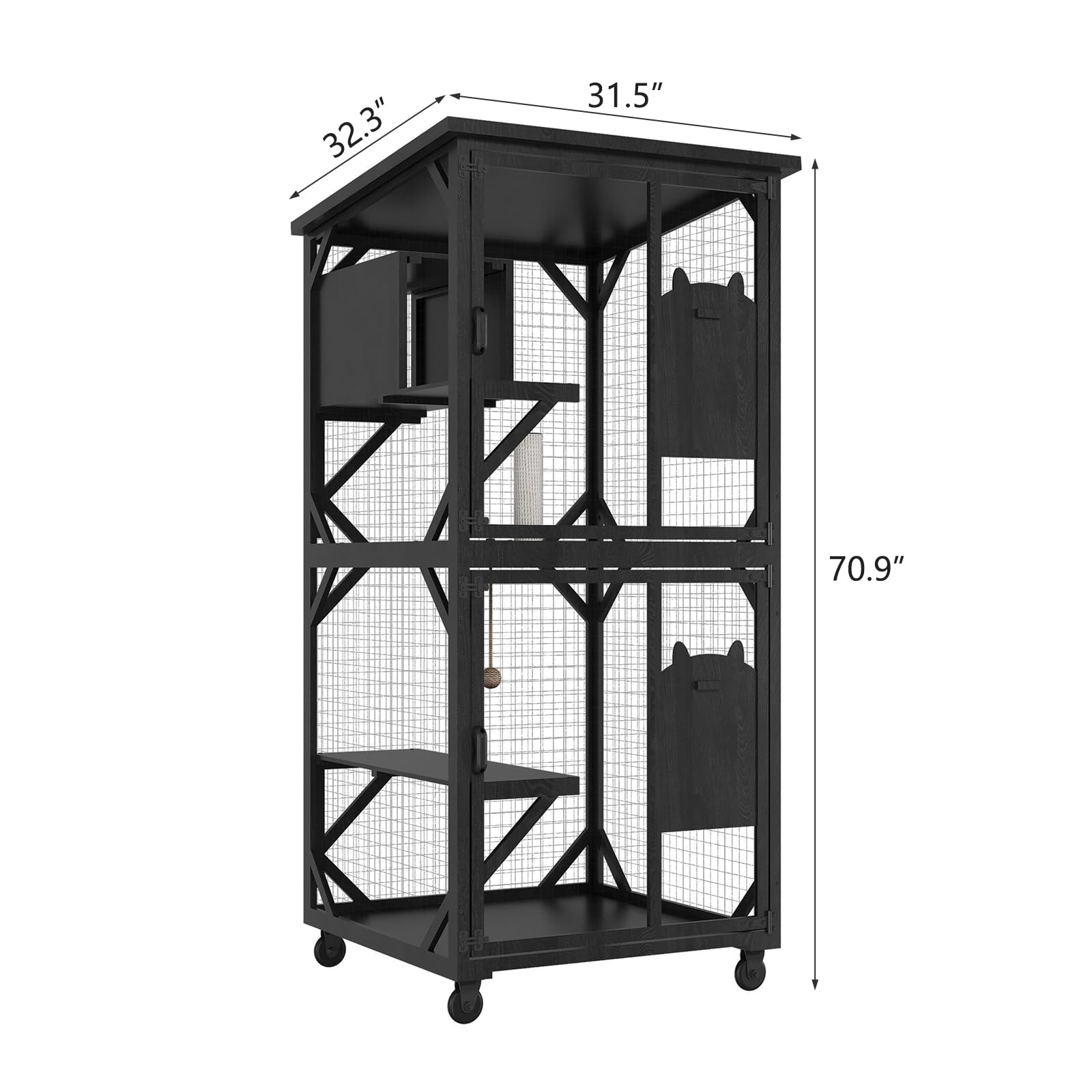 Roomtec Catio Outdoor Enclosure With Roof - 71'' Height Wooden House, Large Cage With 3 Jumping Platforms And 1 Napping House Fo