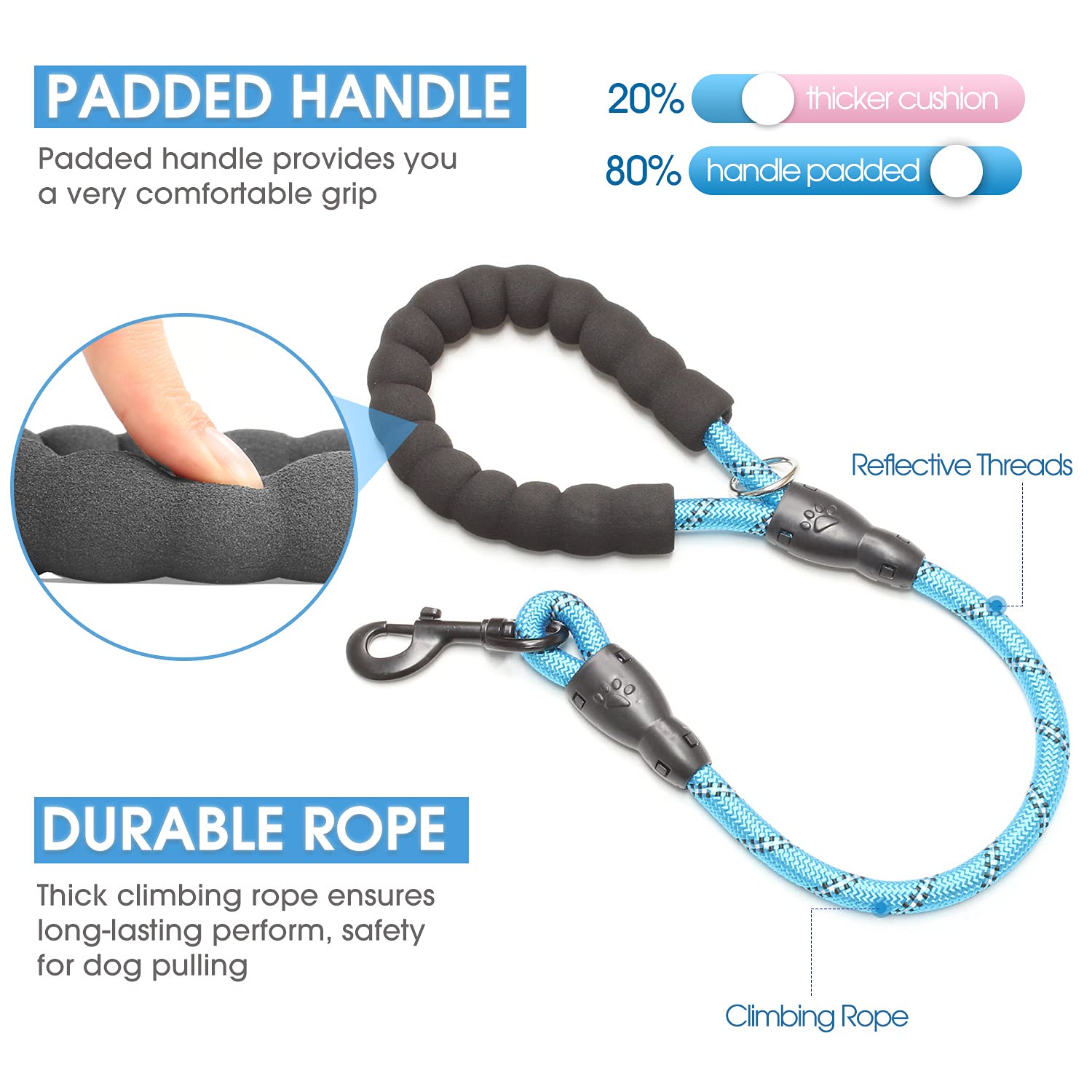 BAAPET Dog Leash with Padded Handle, 2FT, Nylon, Blue, for Small to Large Dogs