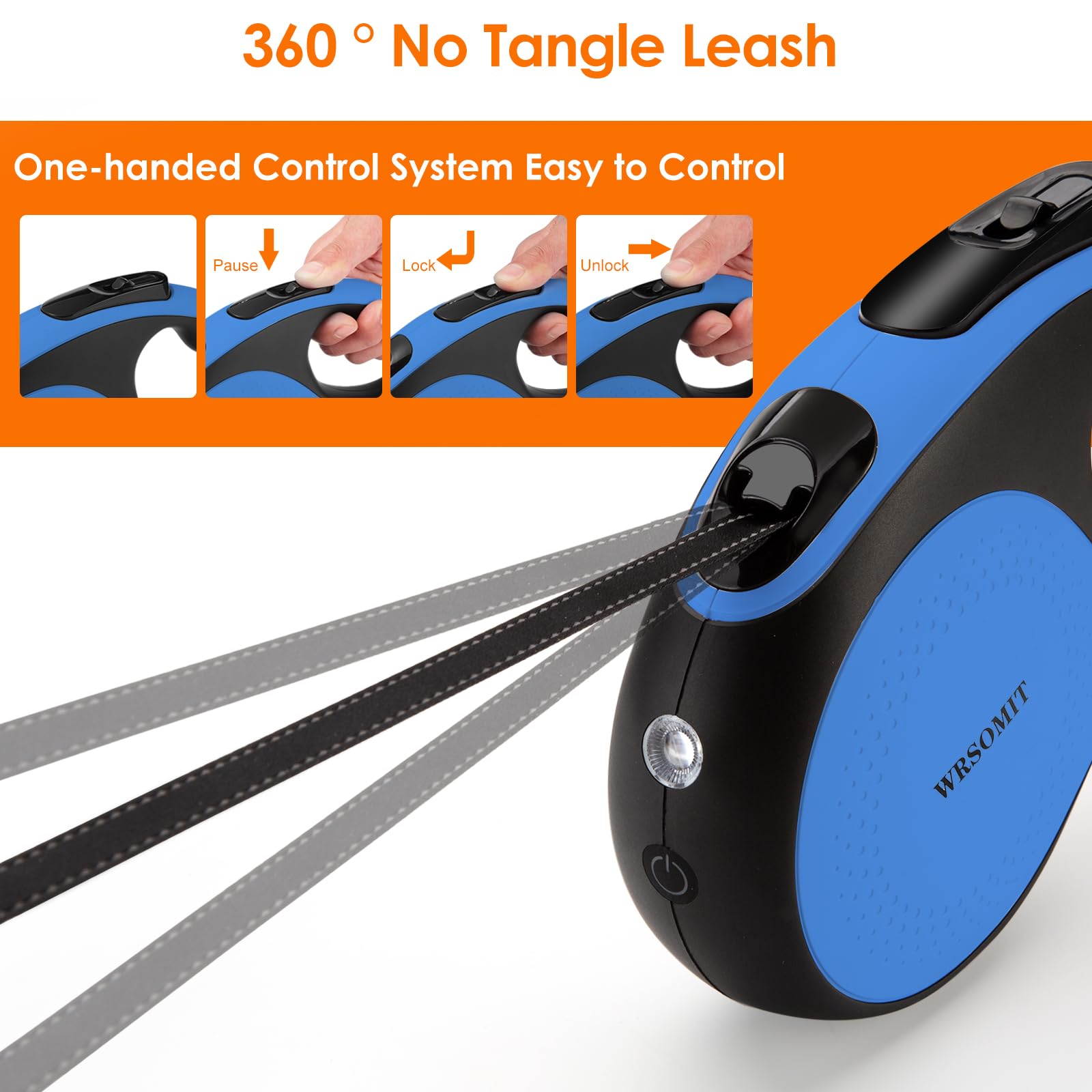 WRSOMIT Retractable Dog Leash with Chew Proof Cable and LED Flashlight, 16Ft Heavy Duty Dog Leash for Small Medium Large Dogs up