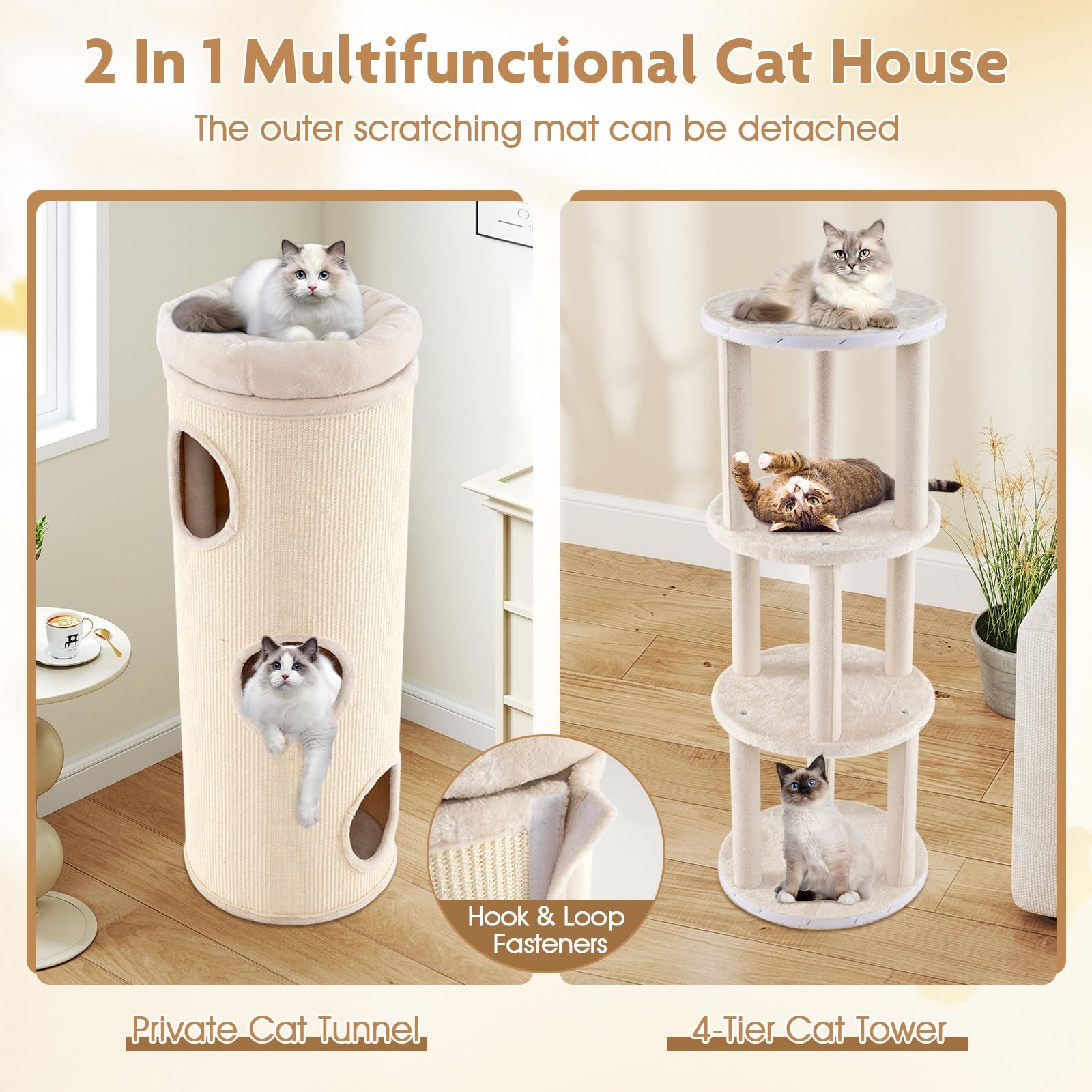 Tangkula 4-Story Cat Tree Condo, 49” Beige Cat House with Sisal Scratching Board, 3 Hideaways & Removable Plush Bed, Model 10299-PV
