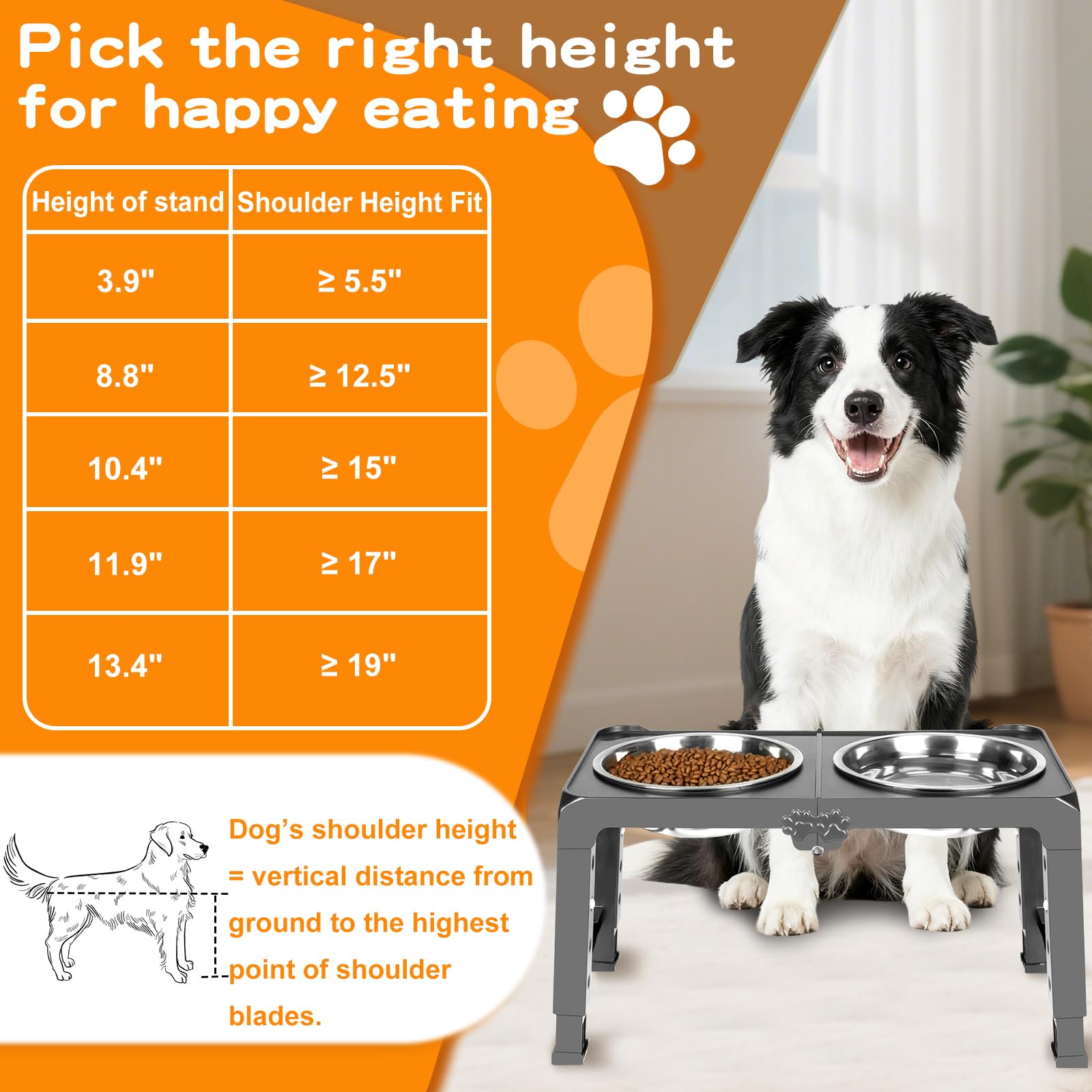 Elevated Dog Bowl Stand Foldable with Dual 7.8 Stainless Steel Bowls, 5 Adjustable Heights (3.9-13.4), Anti-Slip Portable Travel