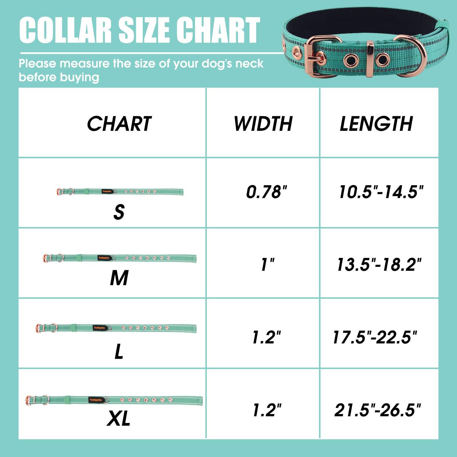 Yunleparks Neoprene Padded Collar, Nylon Collar for Small to Large Dogs, Heavy Duty with Metal Buckle, Adjustable Reflective (Me