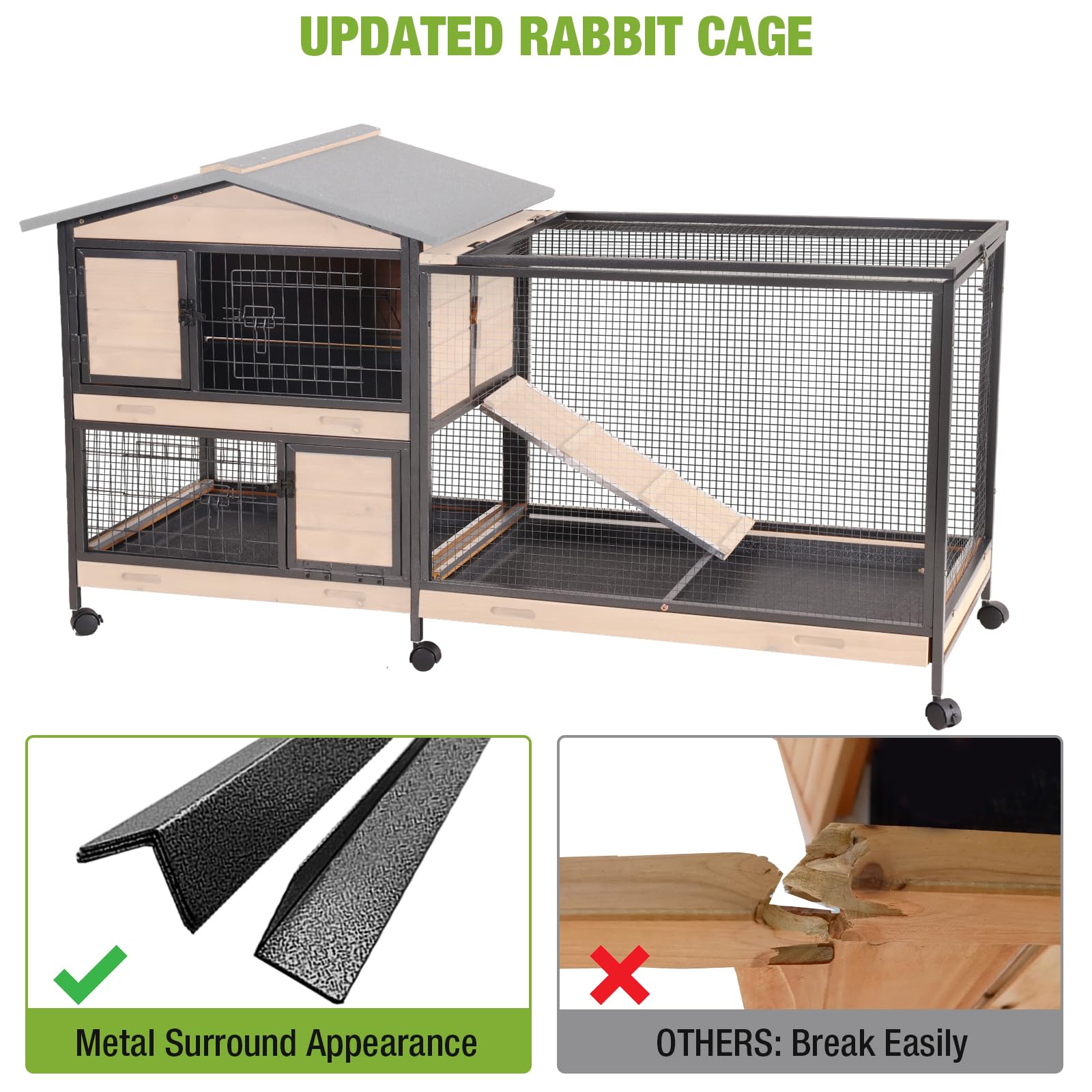 Gutinneen Rabbit Hutch Outdoor With Metal Surround Indoor Rabbit Cage With Wheels Bunny Cage Large Guinea Pig Cage For Small Ani