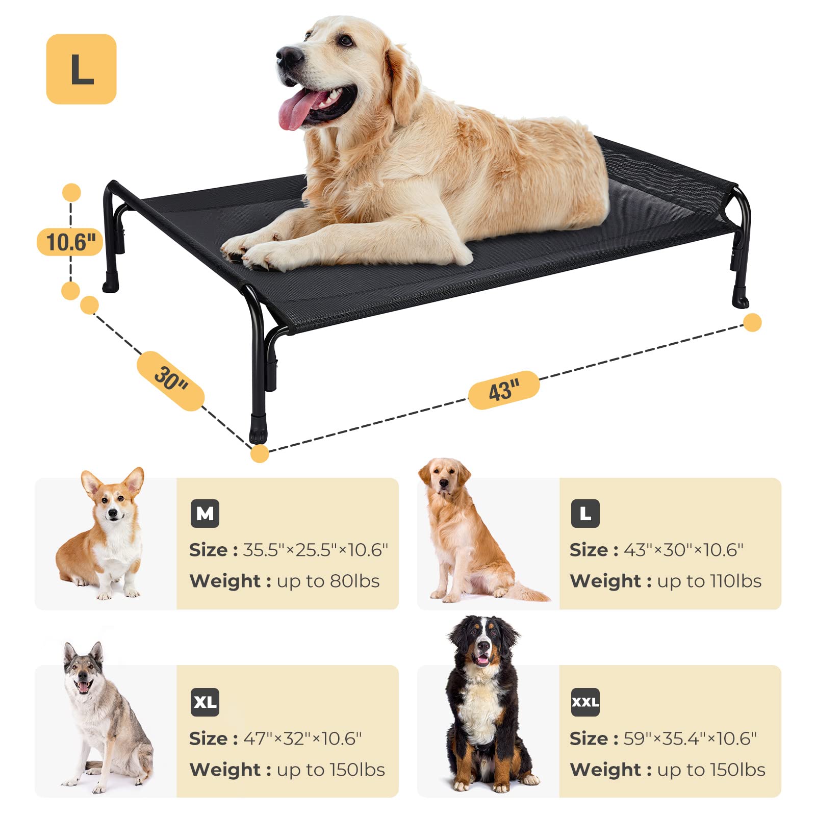 Veehoo Elevated Dog Bed, Outdoor Raised Dog Cots Bed For Large Dogs, Cooling Camping Elevated Pet Bed With Slope Headrest For Indoor And Outdoor, Washable Breathable, Large, Black, Cwc2204