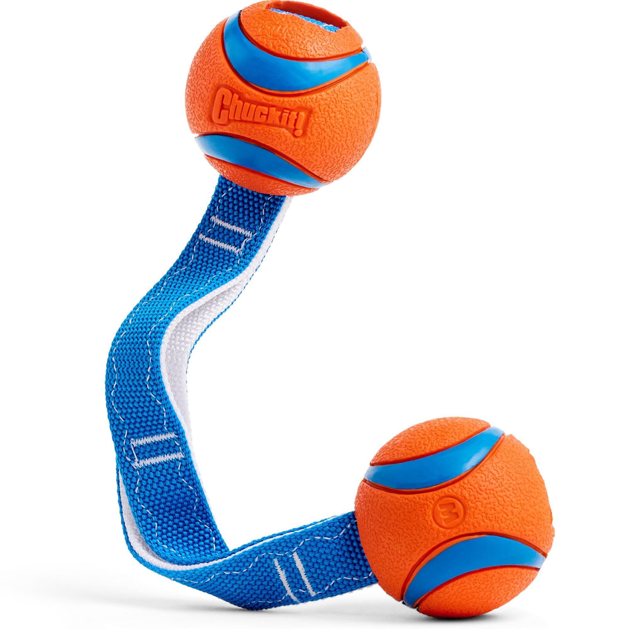 Chuckit! Ultra Duo Tug Dog Toy - Two Ultra Balls On A Durable Nylon Cord Handle - Fetch And Tug-Of-War Toy For Dogs - Size Medium - For Breeds 20-60 Lbs - 2.5-Inch Diameter - Orange And Blue