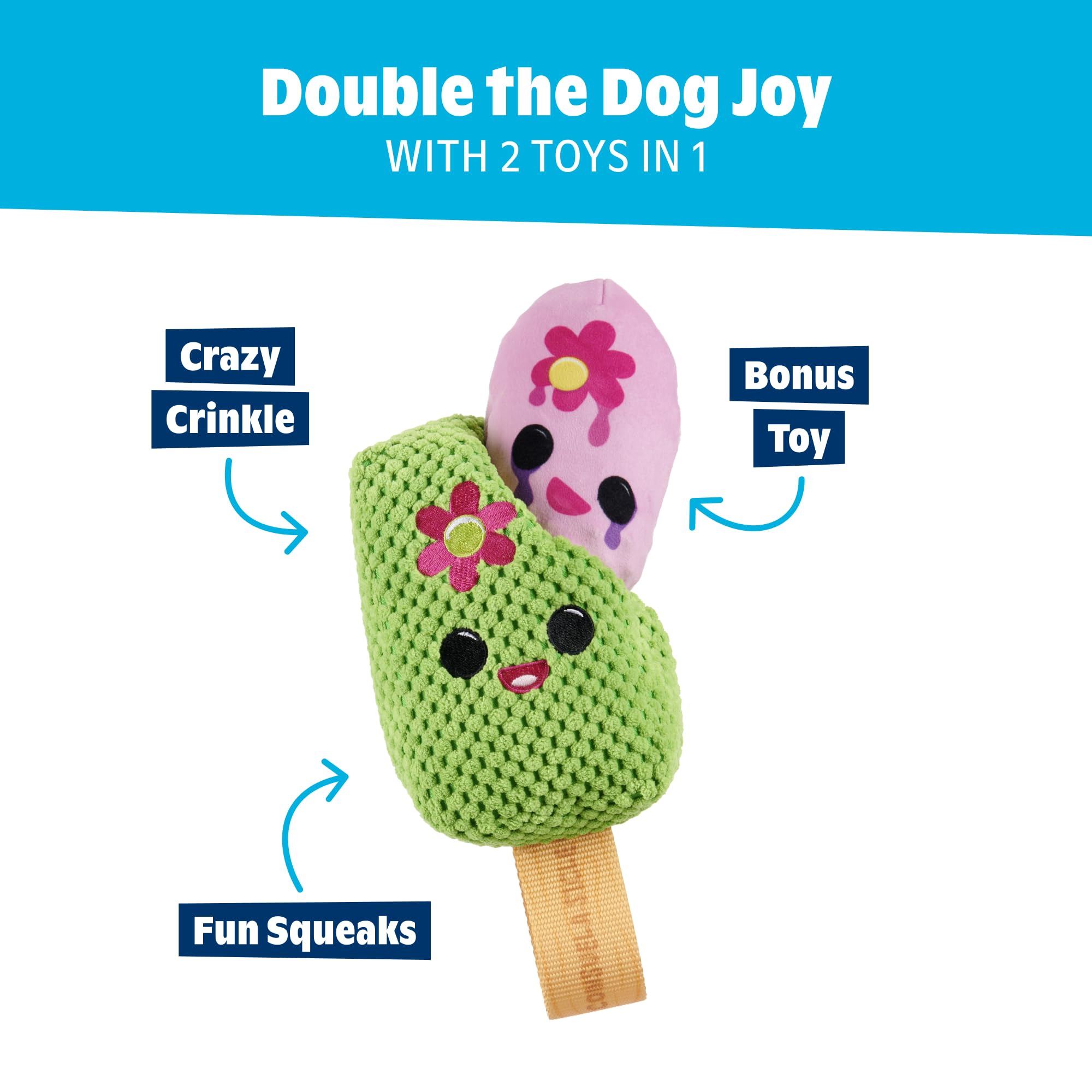 Barkbox BARK Consuela The Cactus Pop - 2-in-1 Summer Plush Dog Toy with Squeaker & Crinkle Layers - Interactive Ice-Cream-Themed